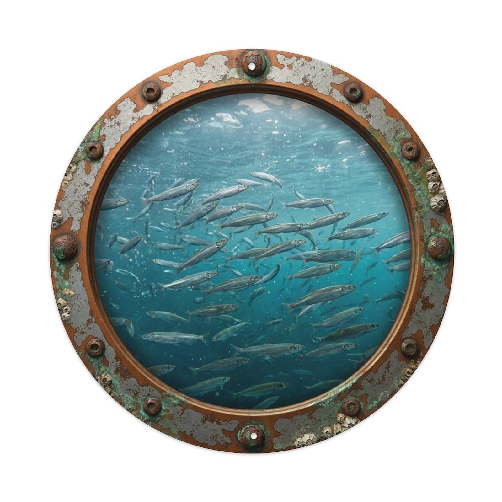 Gead 8X8inch Style Vintage Porthole Capelin Fish Nautical Window View Metal Tin Sign