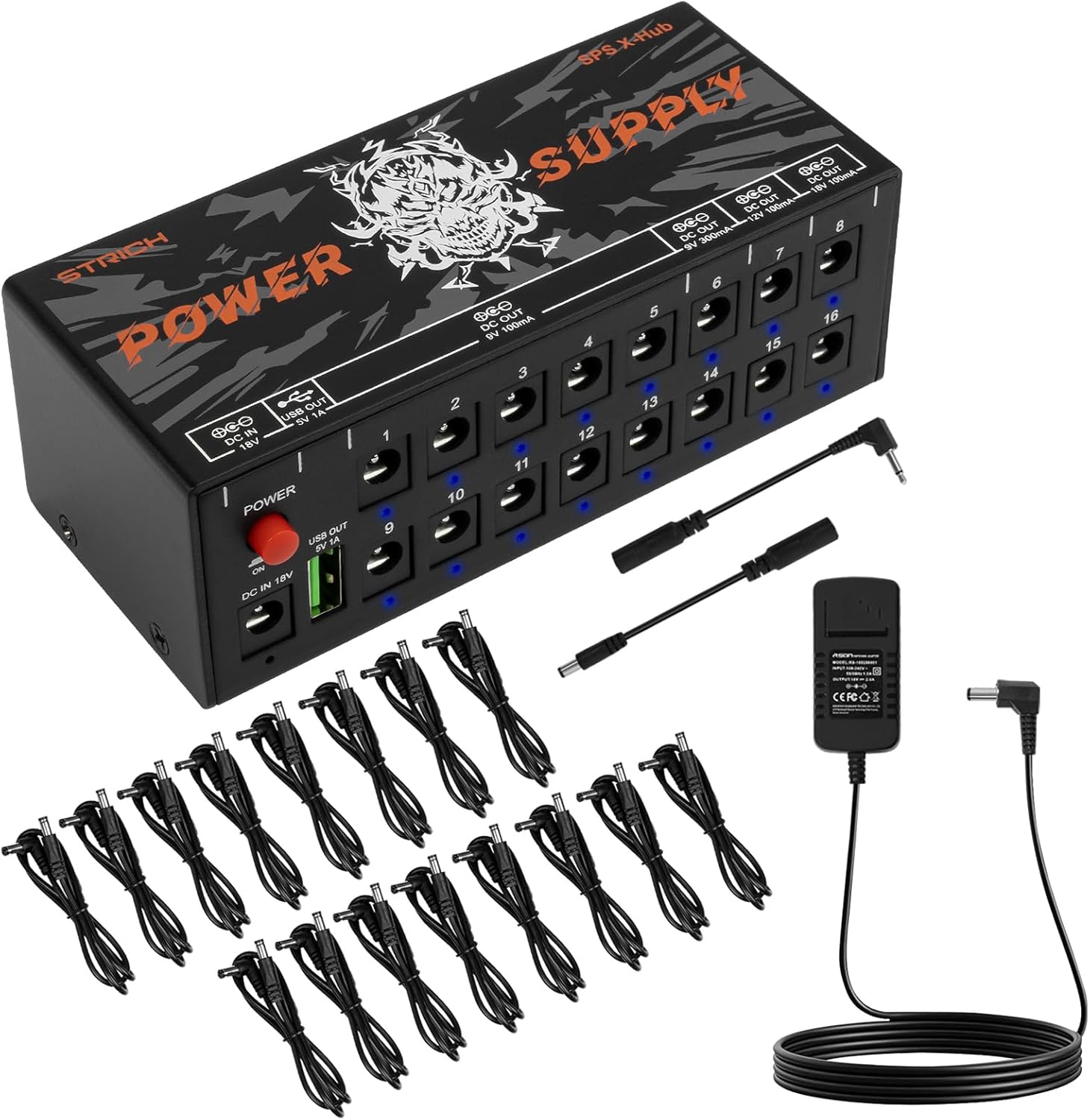 STRICH SPS X-Hub Guitar Pedal Power Supply for 9V/12V/18V, 100mA - 300mA Effects Pedals, 16 Independent Outputs, Short-circuit protection and noiseless, 5V 1A USB Port Supports Mobile Devices, Tablets