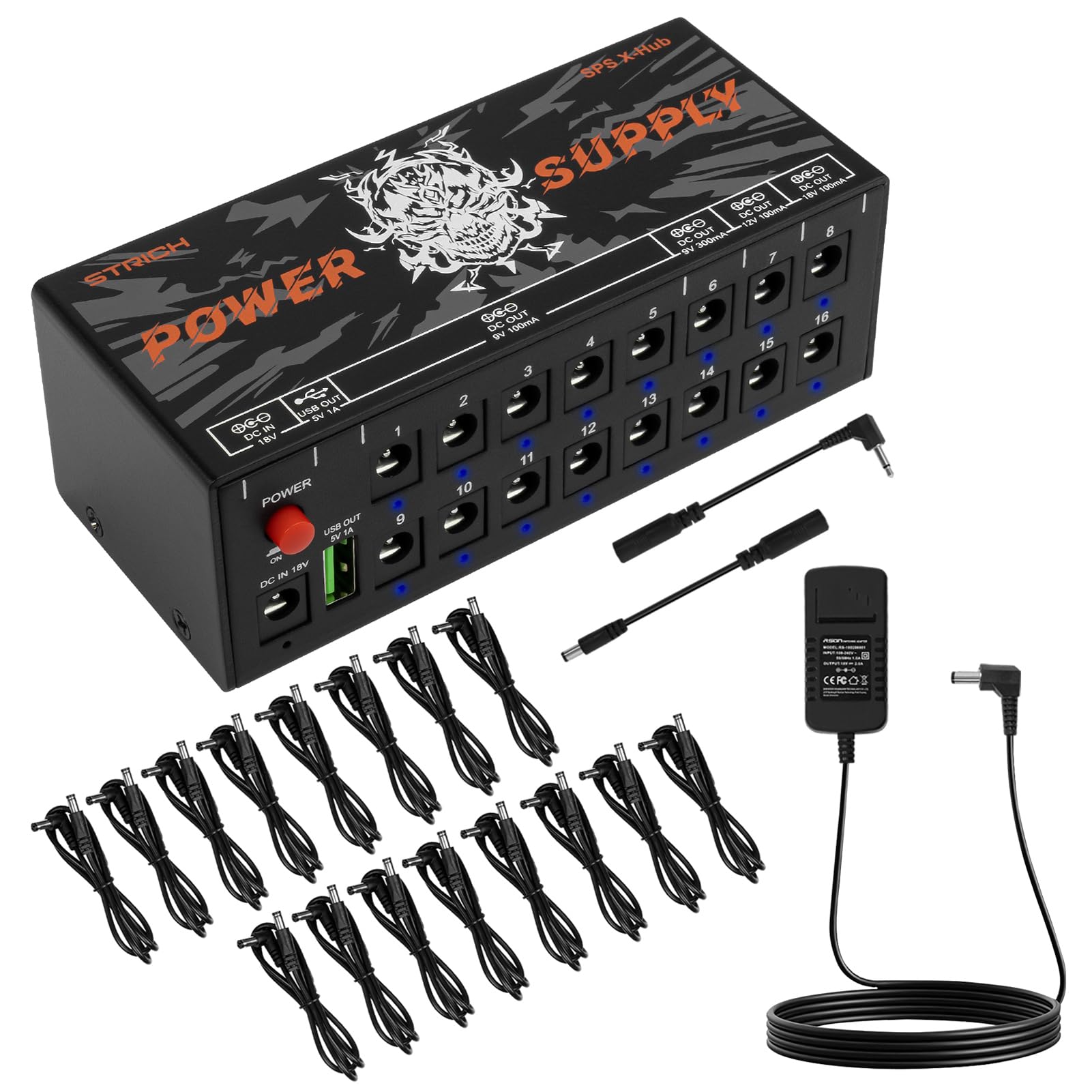 STRICH SPS X-Hub - Alimentatore per pedale per chitarra da 9 V/12 V/18 V, 100 mA - 300 mA, 16 Uscite Indipendenti, protezione da corto circuito e silenziosa, porta USB 5 V 1 A compatibile