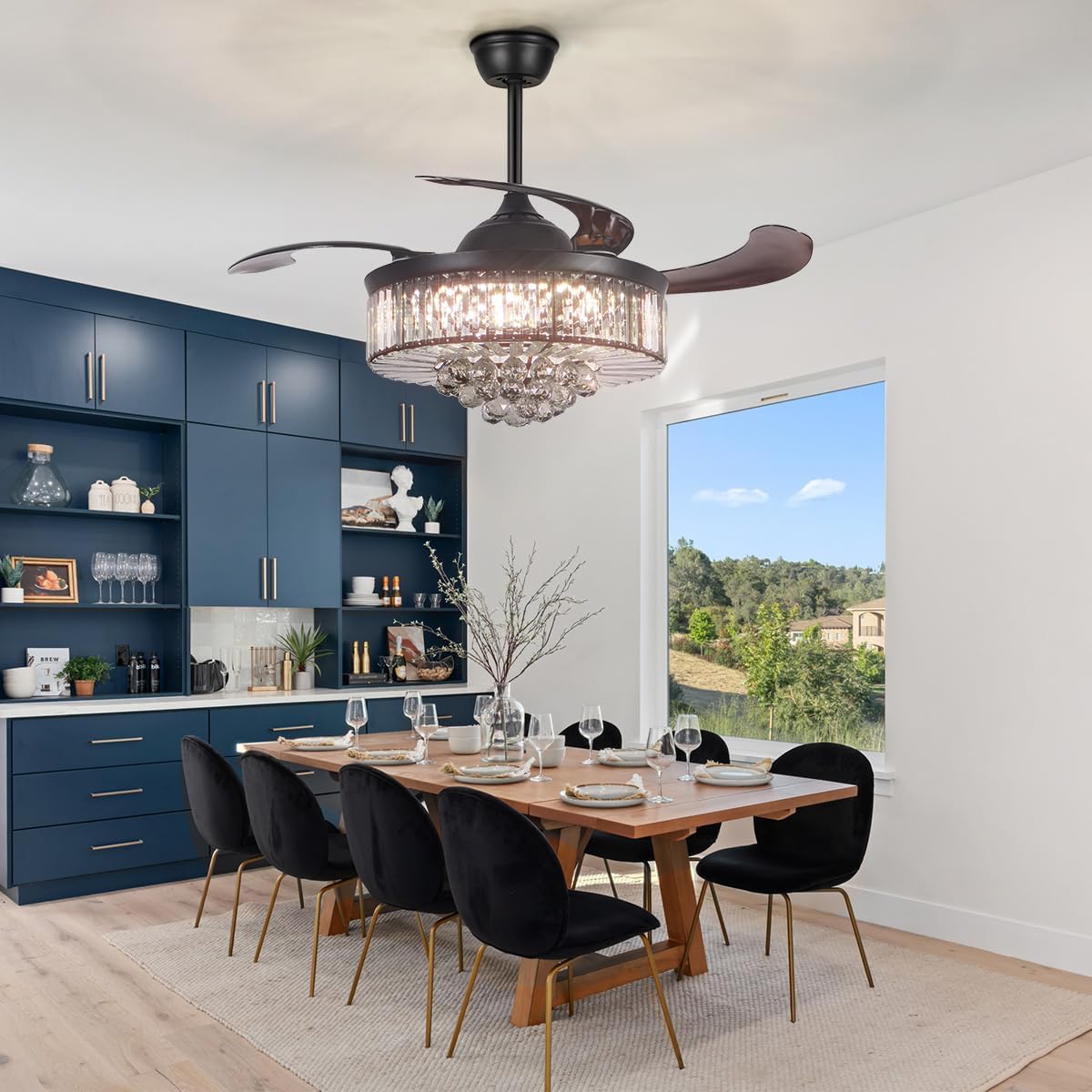 A Million 42" Crystal Ceiling Fan with Lights, Black Ceiling Fan Chandelier with Remote Control 3 Color Light and 3 Speed Change Retractable Blade Crystal Fandelier LED Lighting Fixture