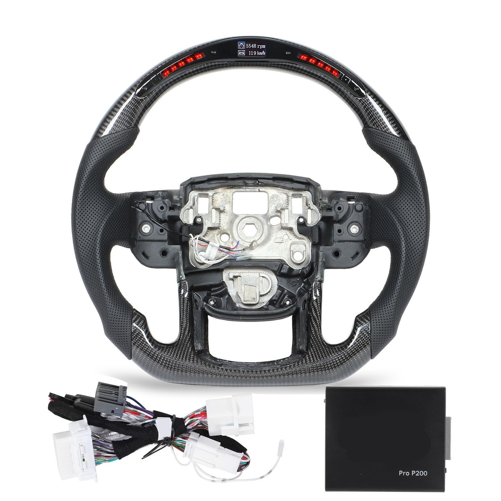 Tbest Volante in Fibra di Carbonio con Luce a LED per Sport L494 2014-2022, Volante da Rpm e RGB con Display LCD, Impugnatura in Pelle Traforata a Forma di D
