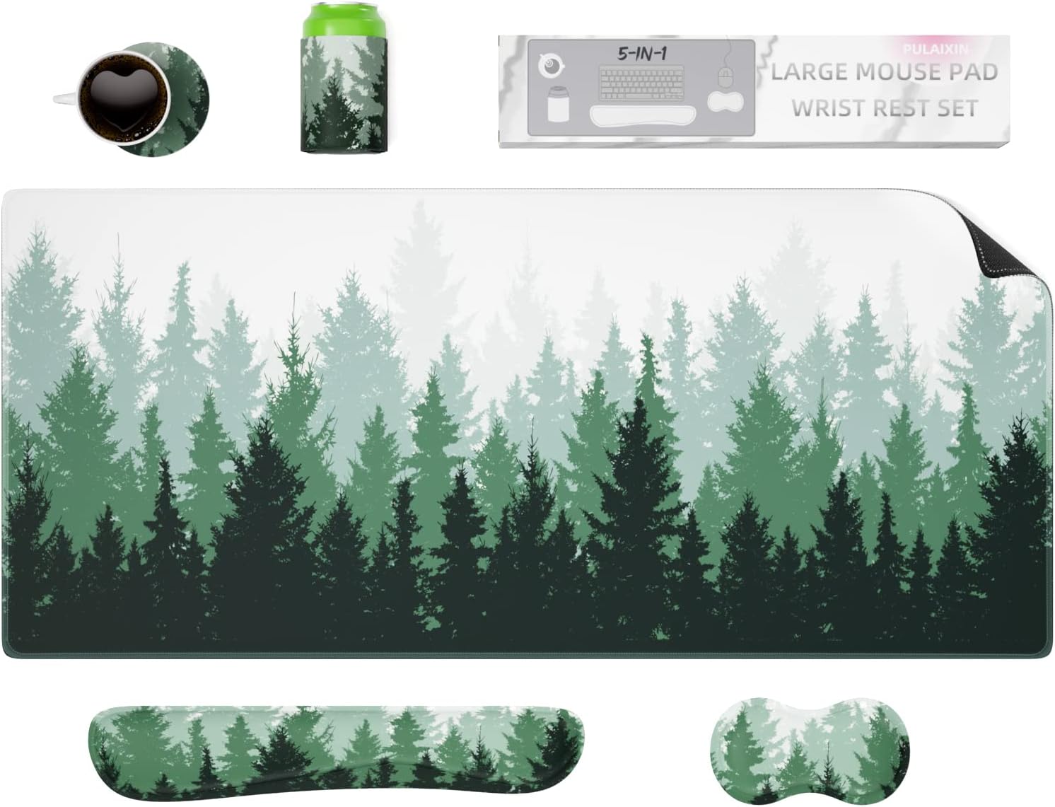 PULAIXIN 5 in 1 Keyboard Mouse Pad Set, Mouse Pad Wrist Support, Extended Gaming Mouse Pad + Keyboard Wrist Rest Support, (34.5×15.7 in) Large Ergonomic Mousepad Desk Mat Combo -Green Forest