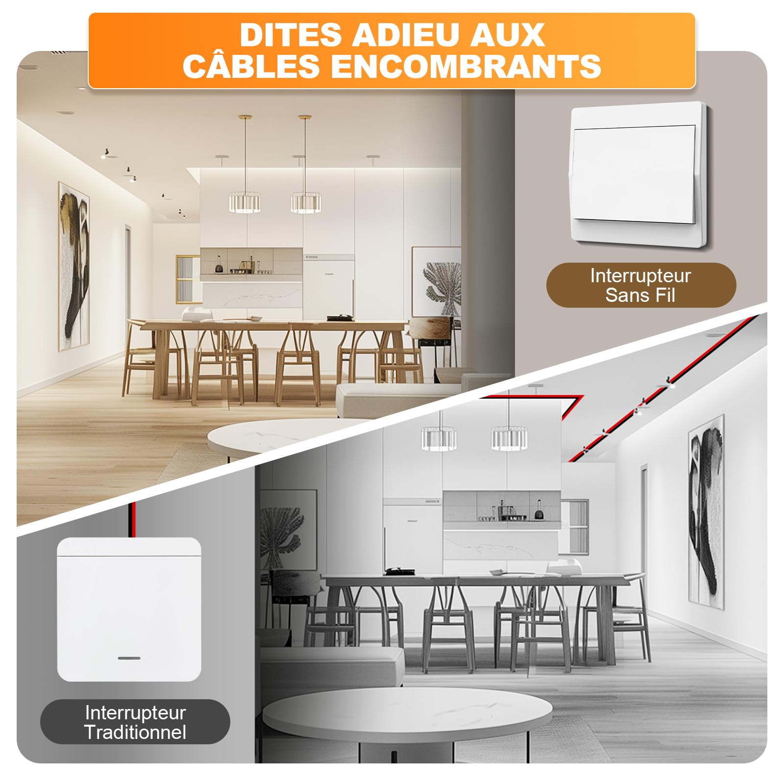 EU Interrupteur Sans Fil Sans Piles, Lot de 2 kit 230 V Interupteur Sans Fil Autoalimente Commutateur RF sans fil Contrôlez votre lampe jusqu'à 200 mètres (EU Kit 1 récepteurs + 2 interrupteurs)