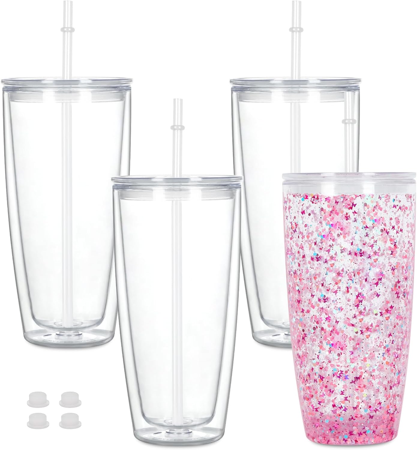 24 Oz Acrylic Snowglobe Tumbler, 4 Pack Pre-Drilled Double Wall Plastic Snowglobe Cup for Glitter Snow Globe DIY