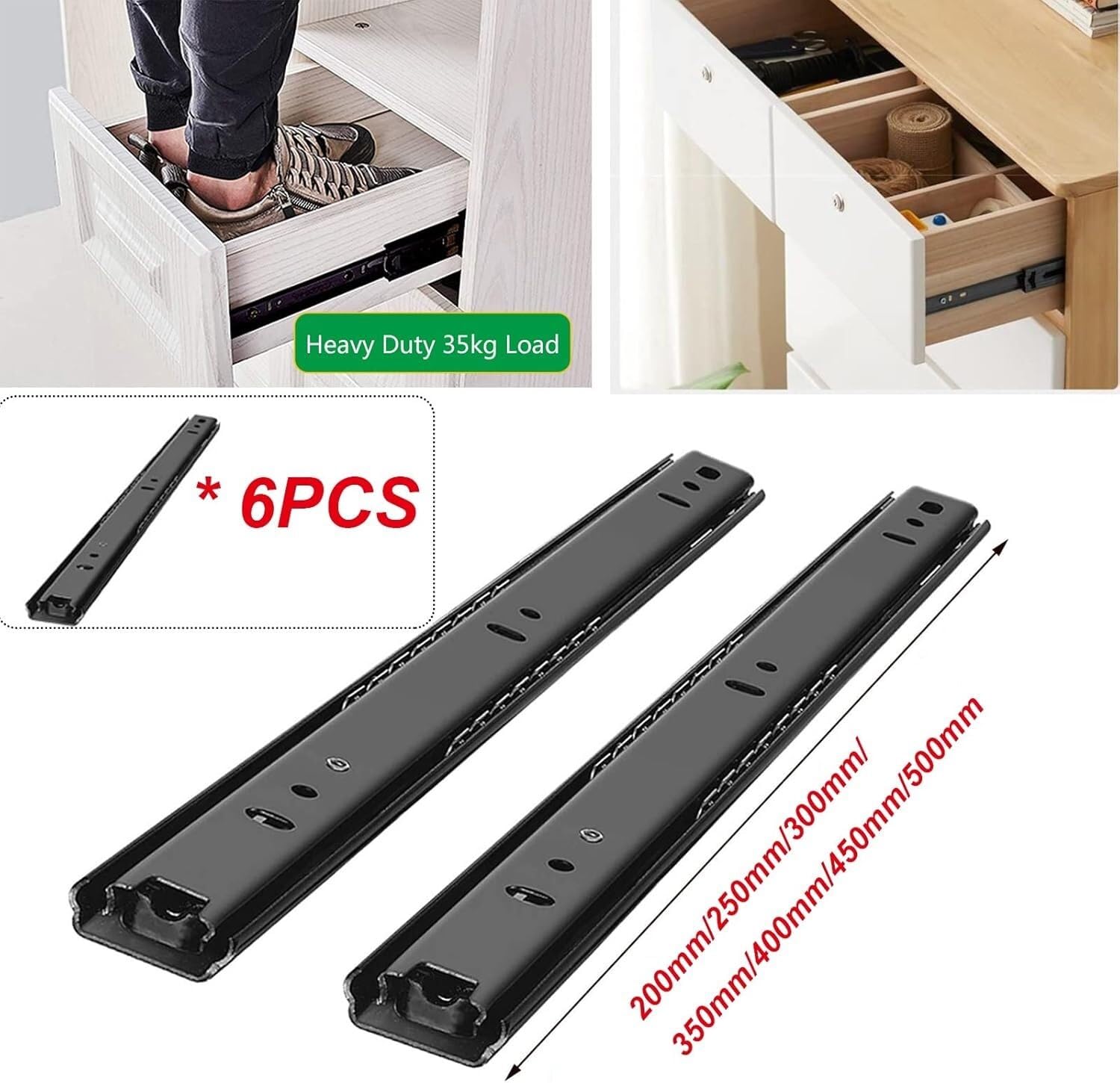 prowadnice szuflad 3 pary prowadnic szuflad z łożyskami kulkowymi, 2 sekcje, teleskopowa szyna prowadząca, czarne prowadnice szuflad Szyny do szuflad(450mm/18Inch)