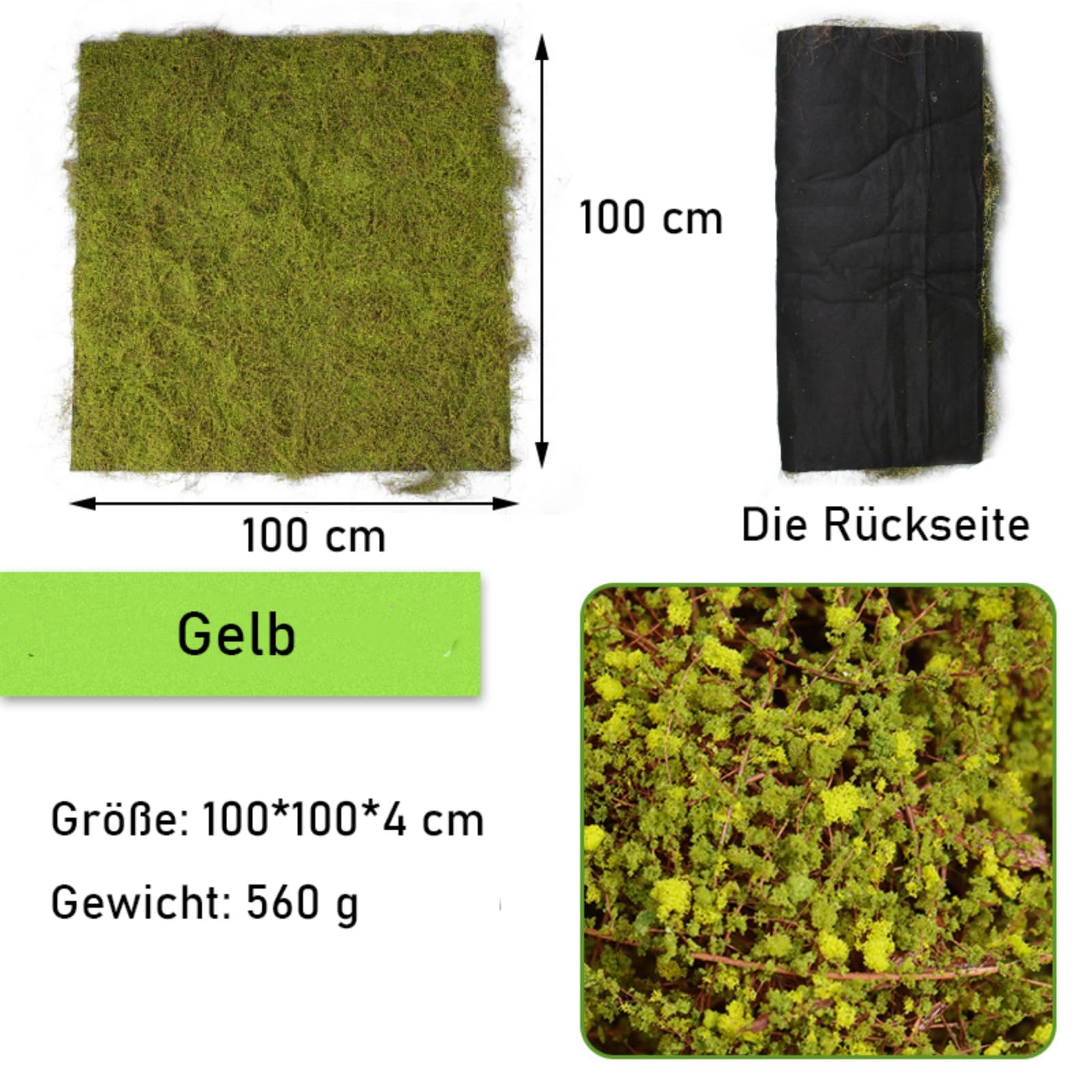 Künstliche Moos, Weiches Teppich Moosmatte, Moosplatte Deko, Pflanzenteppich Moos Wandbild Paneele Wandverkleidung, Moosbild Wandplatten für Hochzeit, Geburtstag (Gelb,100 * 100 cm)