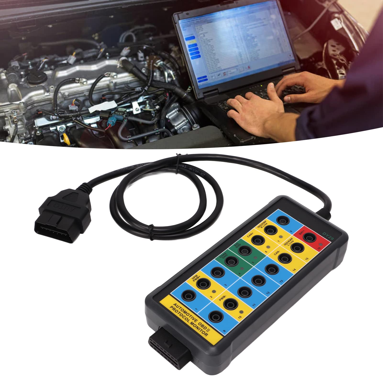 Qiilu 16-poliger OBD2-Breakout-Box OBDII-Protokolldetektor Schnelle Erkennung und einfacher Zugriff auf Überwachungssignale Diagnoseprotokolldetektor OBDII-Schnittstelle für Fahrzeuge