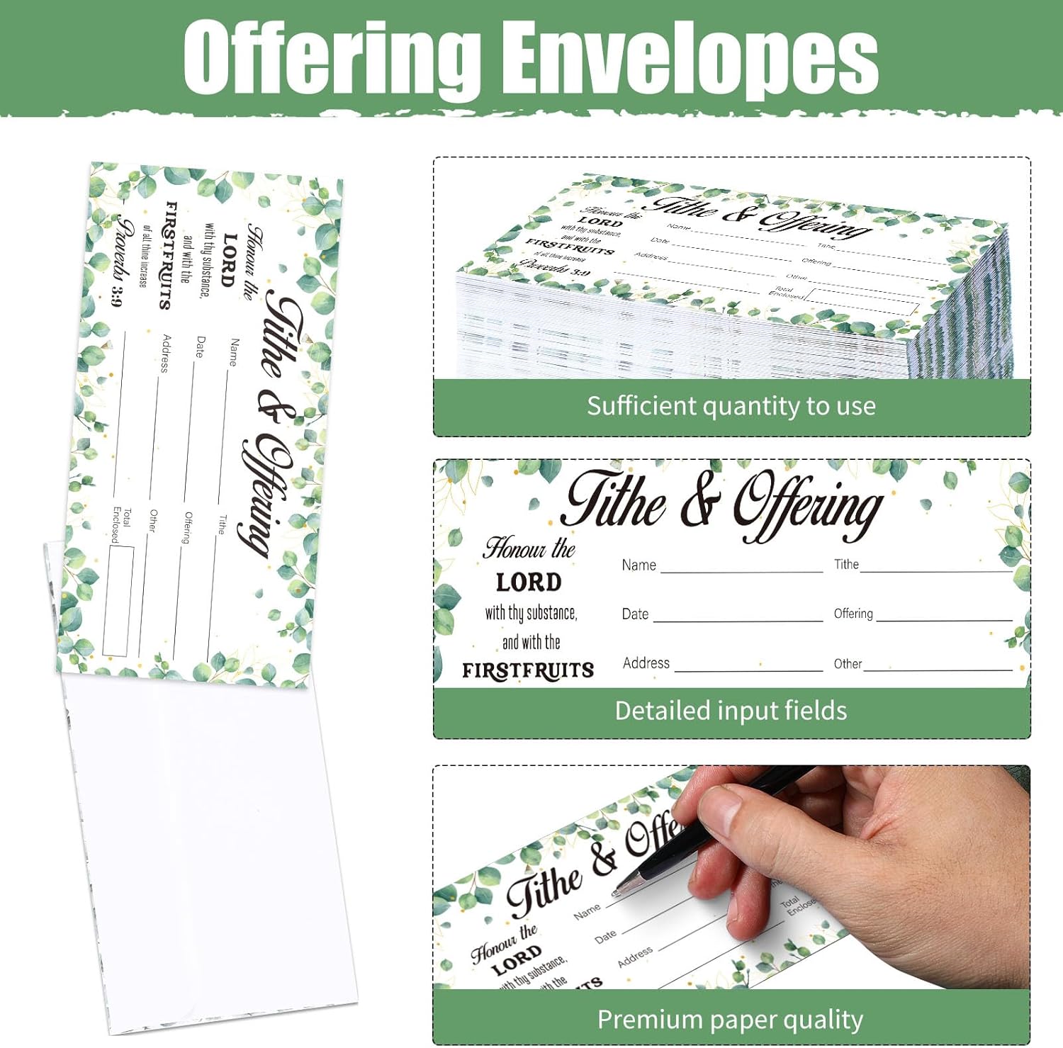 600 Pcs Church Offering Tithe Donation Envelopes Greenery Paper Tithes and Offering Bill Envelopes Eucalyptus Church Tithing Checks and Cash Envelopes for Christian Religious Occasions (600, Leaves)