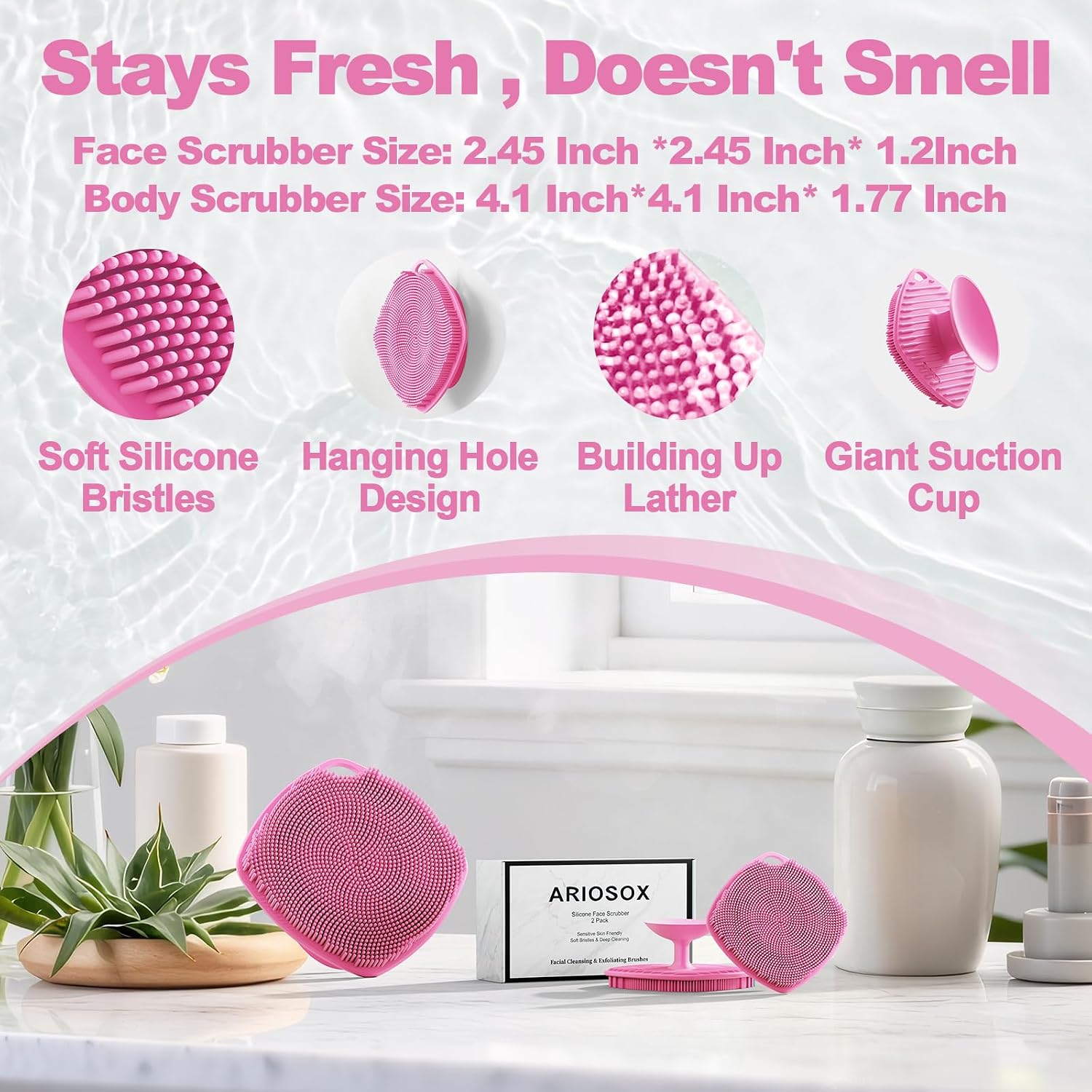 2 Pack Face Scrubbers, Silicone Body Scrubber Soft Bristles, Gentle Lather, Exfoliating & Deep Cleaning for Sensitive Skin, Giant Suction Cup Stick Securely (Body+ Face Scrubber Pink) image 3
