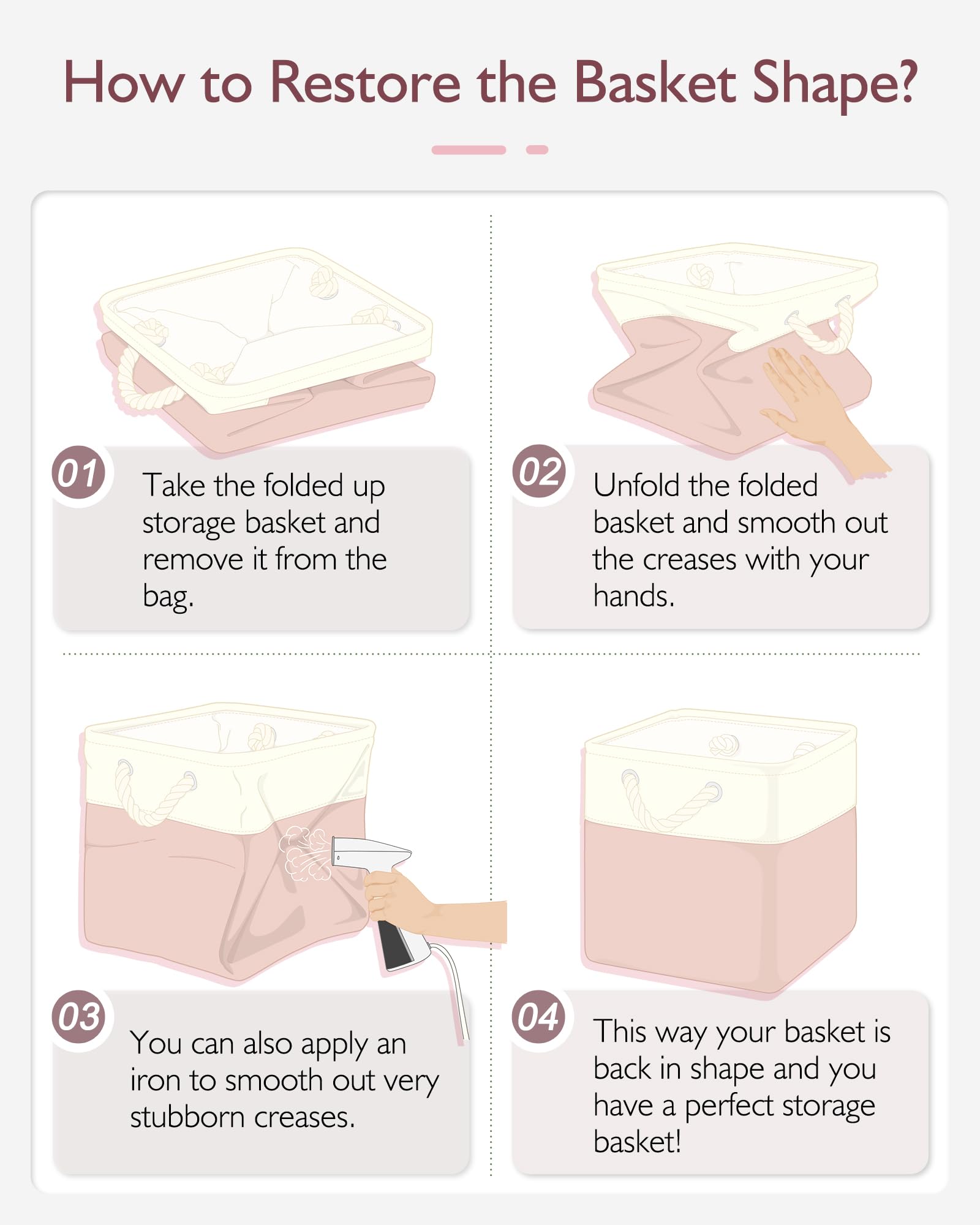 Patvingot Contenitori cubici pieghevoli in tessuto, con manici in corda, per organizzare camera da letto, soggiorno, vestiti e giocattoli, scaffali e armadi, 28 x 28 cm, 4 pezzi (bianco e rosa)