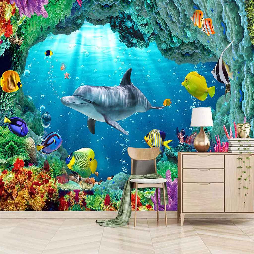 Papier peint autocollant baleine bleue en toile murale lavable de 300x210 cm