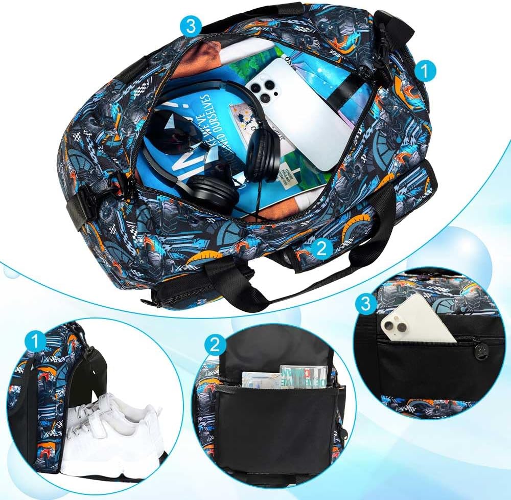 Kids Duffle Bag for Boys, Truck Travel Bag Personalized Tote with Shoes Compartment, Carry On Weekender Sleepover Bag for Sport Gym(Black) - Image 5