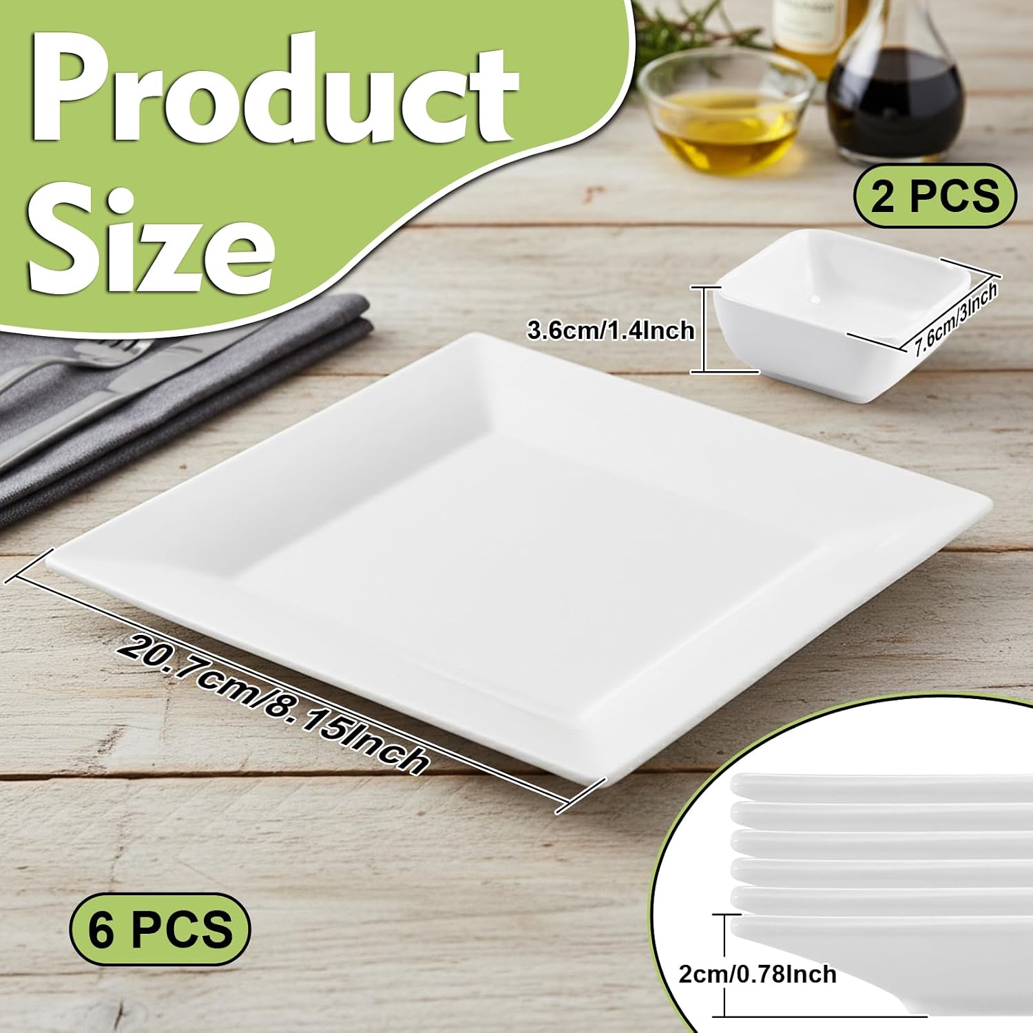 8'' Porcelain Dinner Plates Set, Square Serving Plate, White