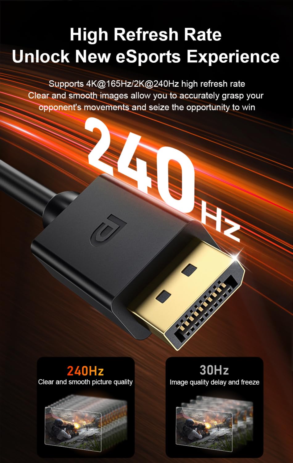 QCEs Cavo DisplayPort 1.4, cavo DP 8K da 2 m, cavo DisplayPort per 8K a 60Hz, 4K a 144Hz, 2K a 240Hz, HDR, connettori placcati oro da 32,4 Gbps per monitor da gioco, FreeSync/G-Sync, PC, laptop, TV
