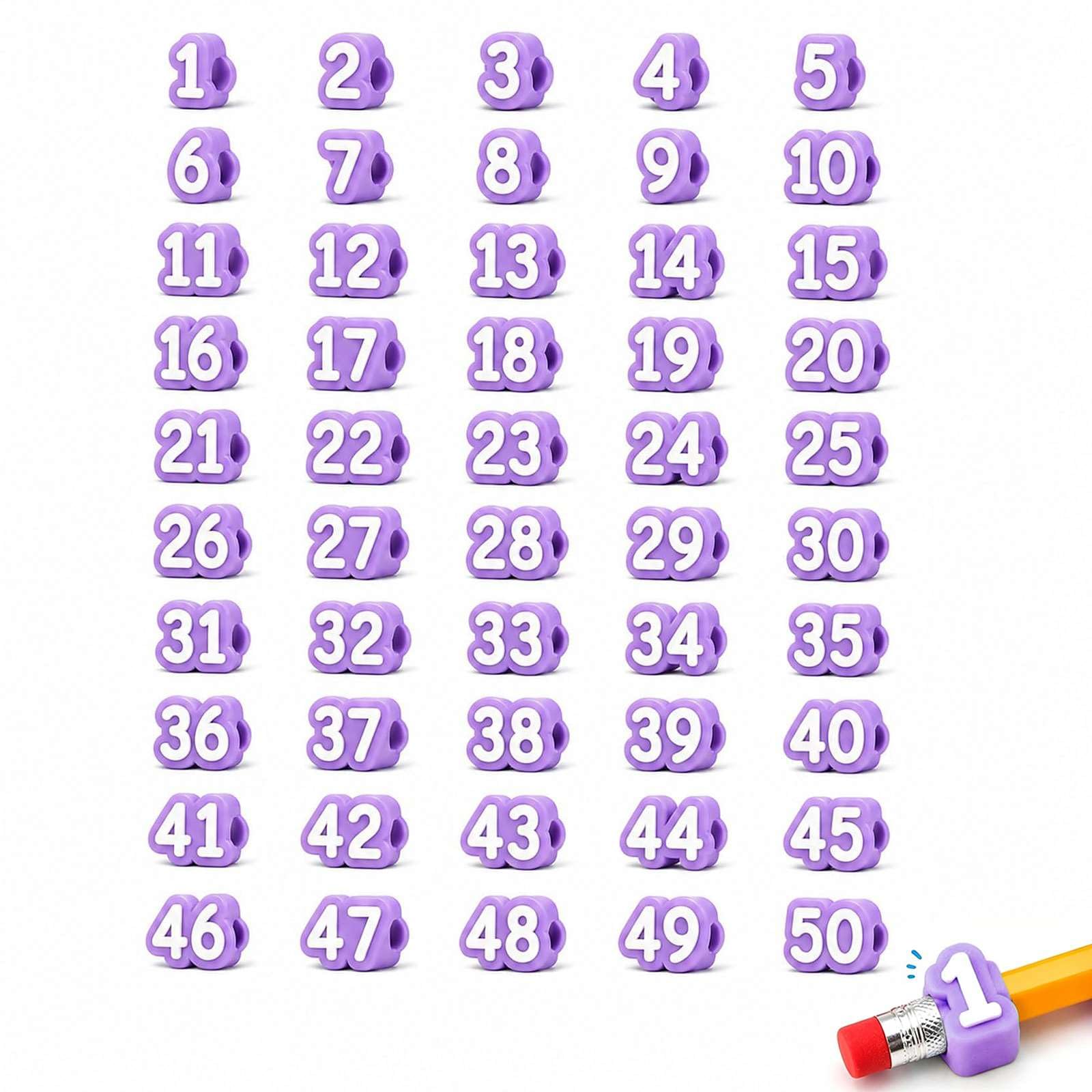 Numbered Pencil Toppers, Reusable Classroom Pencil Labels for Teachers, Cute Pencils Tracking Markers for Supply Stations, School Organization and Classroom Management (Purple 1-50)