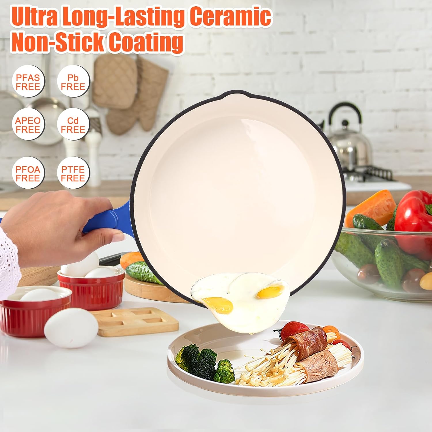 Nonstick Enameled Cast Iron Cookware - 3-Piece Skillet Set (8", 9.5" & 11"), Healthy Non-Toxic, PFOA PFAS PTFE Free, All Stovetops Compatible, Blue