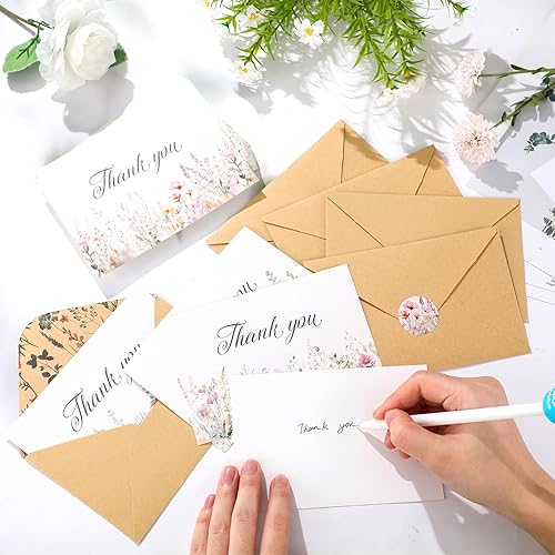 Miniatura 5 de Paquete de 100 tarjetas de agradecimiento de flores silvestres con sobres de 4 x 6 pulgadas, notas de agradecimiento florales con sobres, juego de