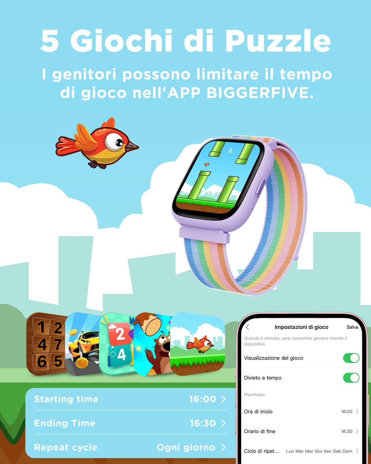 BIGGERFIVE Smartwatch Bambini Bambina Ado 5-16, 1,8" Fitness Tracker | Orologio Contapassi, Frequenza Cardiaca, Resistente all'Acqua IP68, Monitor del Sonno, Giochi Puzzle con/senza APP, Nylon