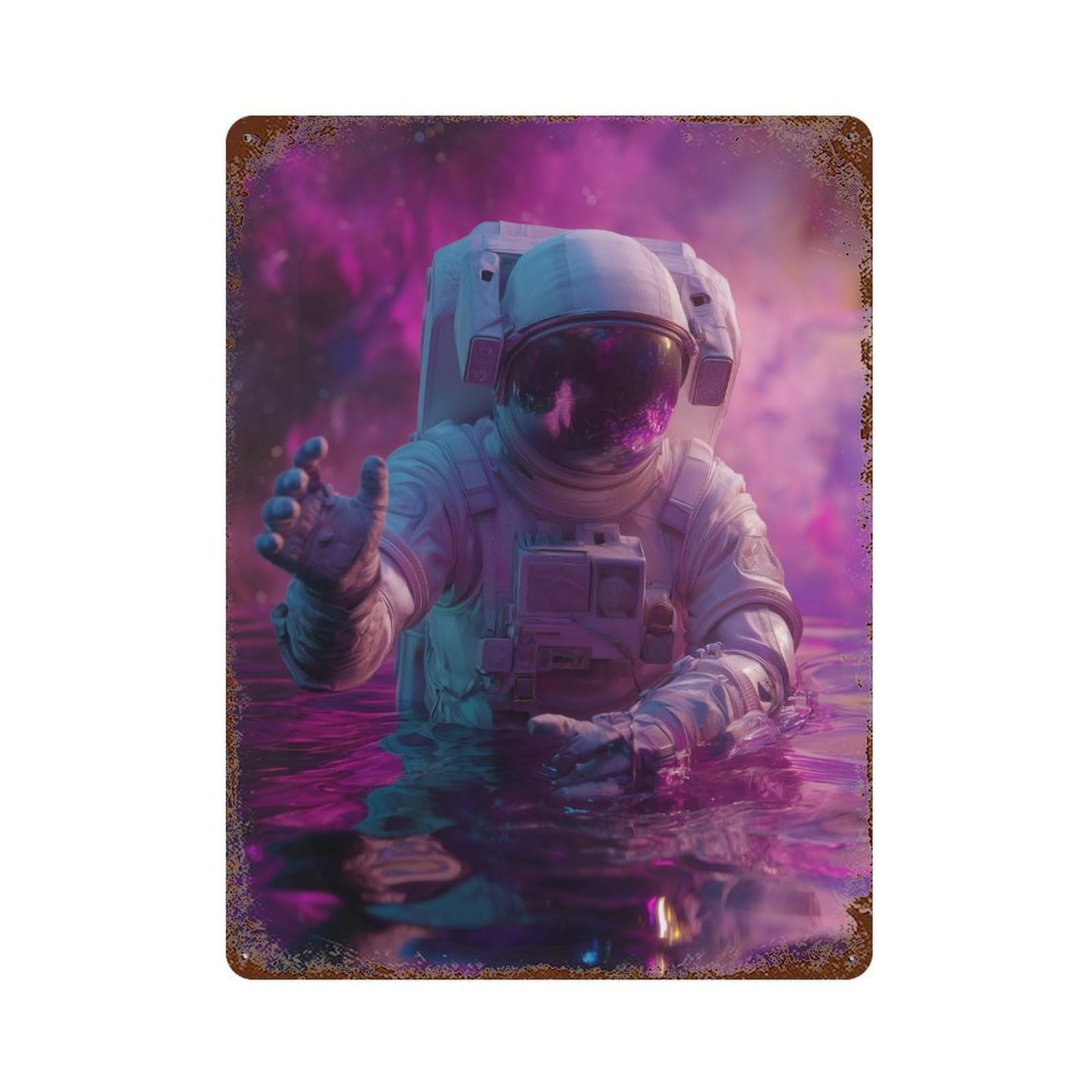 Space Astronaut Floating in Water Vintage Wall Sign 15.7"x11.8", Rust Effect Metal Decor for Shed, Workshop And Garage Wall Decor