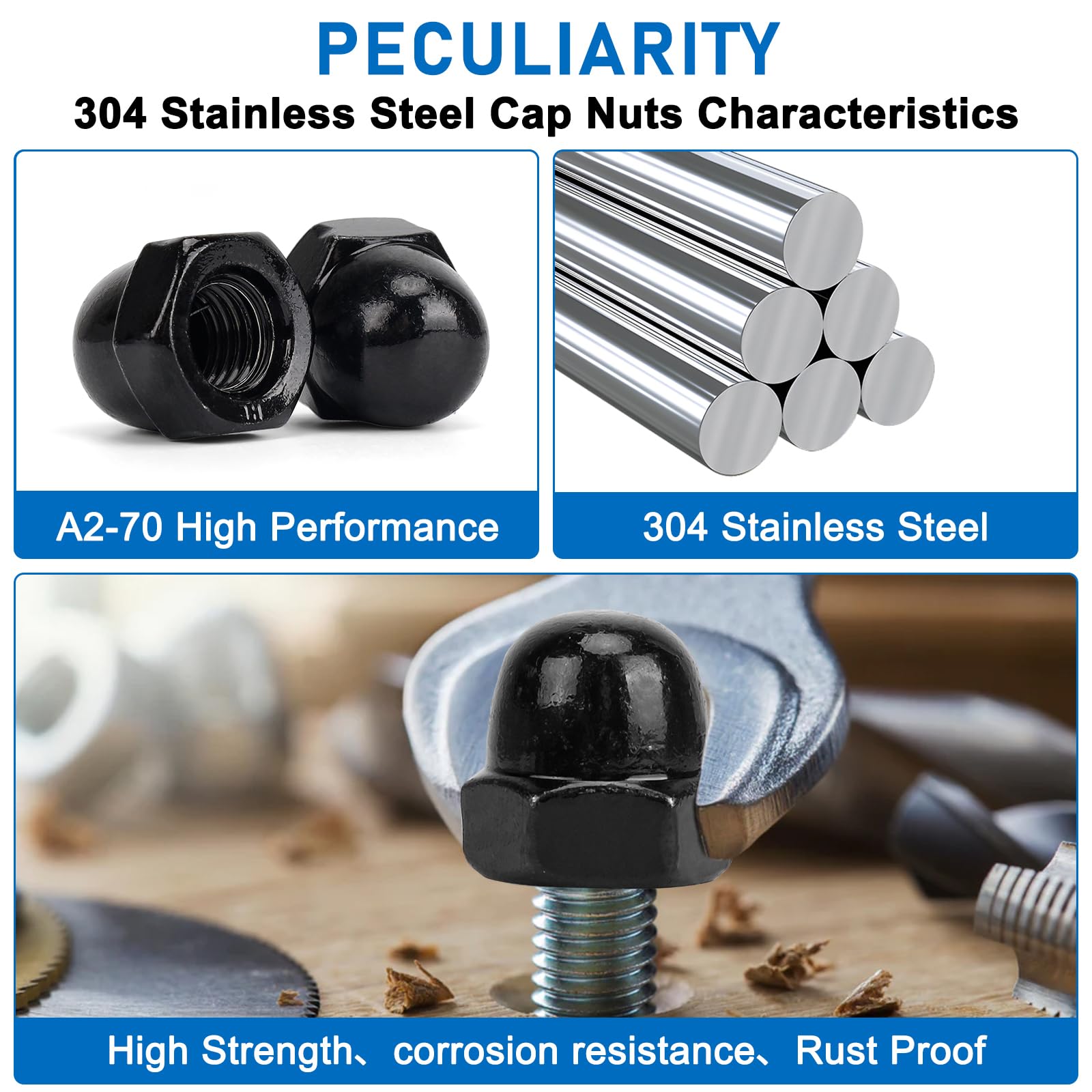 Black Acorn Nuts - 72pcs Metric & SAE Stainless Steel -3