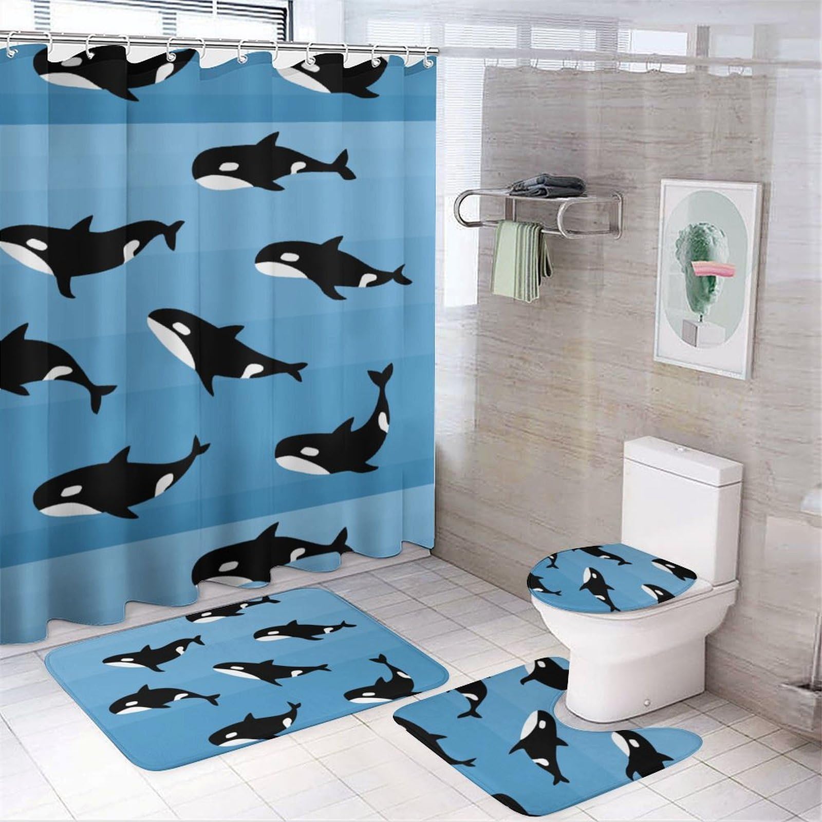 JZemdybill Bathroom Mat Set 4 Piece, Cute Killer Whale Shower Curtain with Non-Slip Bath Mats for Bathroom