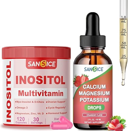 Gotas líquidas de calcio y magnesio y potasio + cápsulas de inositol  600 mg de calcio 400 mg mg mg 1000 mg K con zinc, CoQ10, vitaminas C-D-B6 +