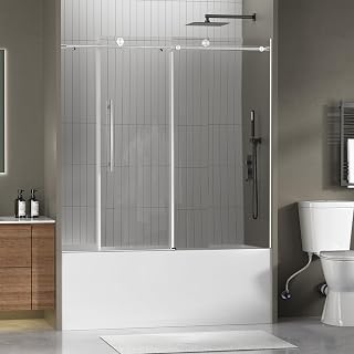 Frameless Bathtub Shower Doors 56-60" Width x 59" Height with 5/16" (8mm) Clear Tempered Glass,Silent Soft-Close Design,Brushed Nickel