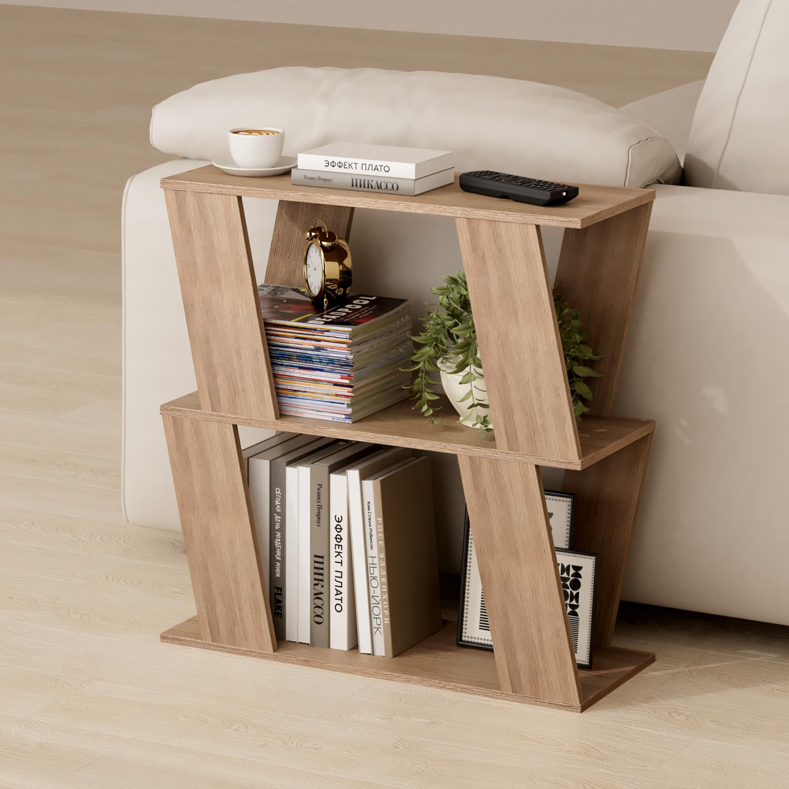 Narrow Side Table with 2 Storage Shelves,Z Shaped End Table,60*60*22CM,Oak