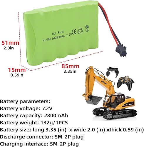 Miniatura 2 de Fytoo Batería recargable AA de 7.2 V 2800 mAh con enchufe SM-2P con cable de carga USB para Huina 1550 550 RC Excavadora Car Truck Engineering Car