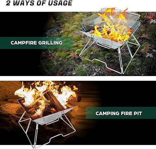 Miniatura 6 de Odoland Parrilla plegable para fogata, parrilla de acero inoxidable 304, parrilla de camping portátil con patas para picnic, mochilero, al aire