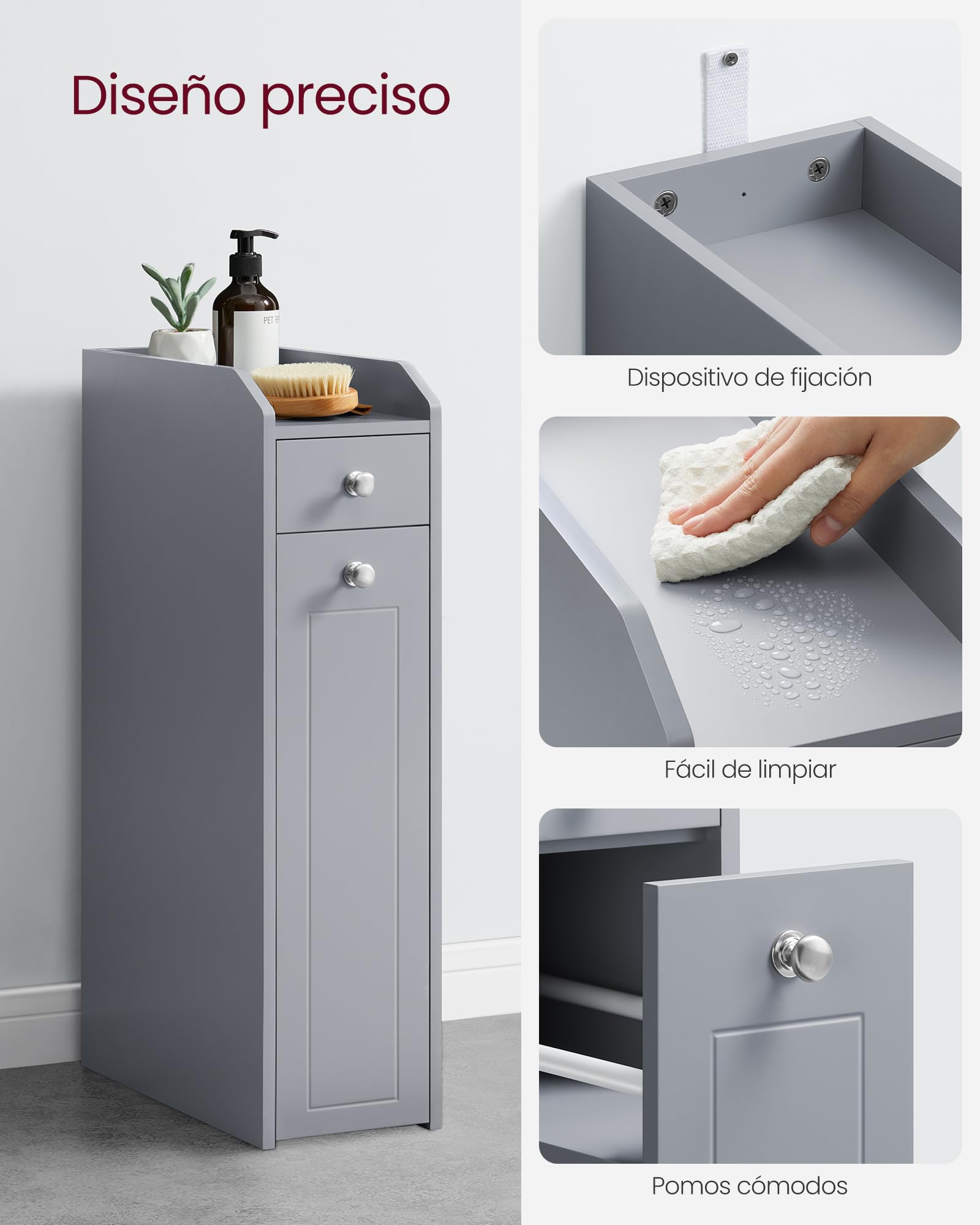 VASAGLE Armario de Baño, Armario Estrecho de Pie, Portarrollos de Papel Higiénico, con Cajones, para Espacios Pequeños, Gris Paloma BBC847G02