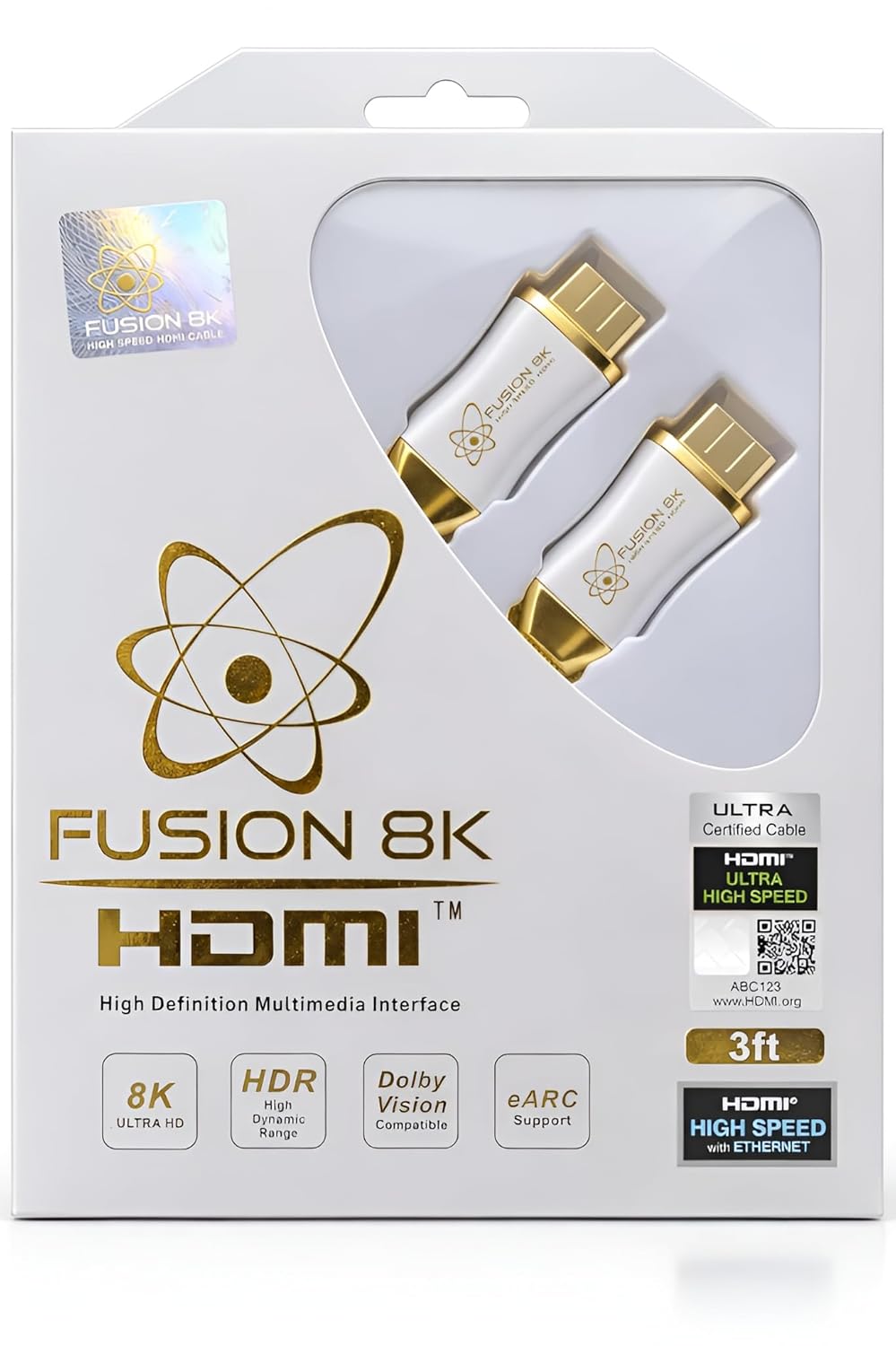 White HDMI 2.1 Cable 3ft - Certified 48Gbps 8K@60Hz 4K@120Hz 10K | HDR Dolby Vision eARC | Braided Cord for PS5 Xbox Series X Apple TV 4K