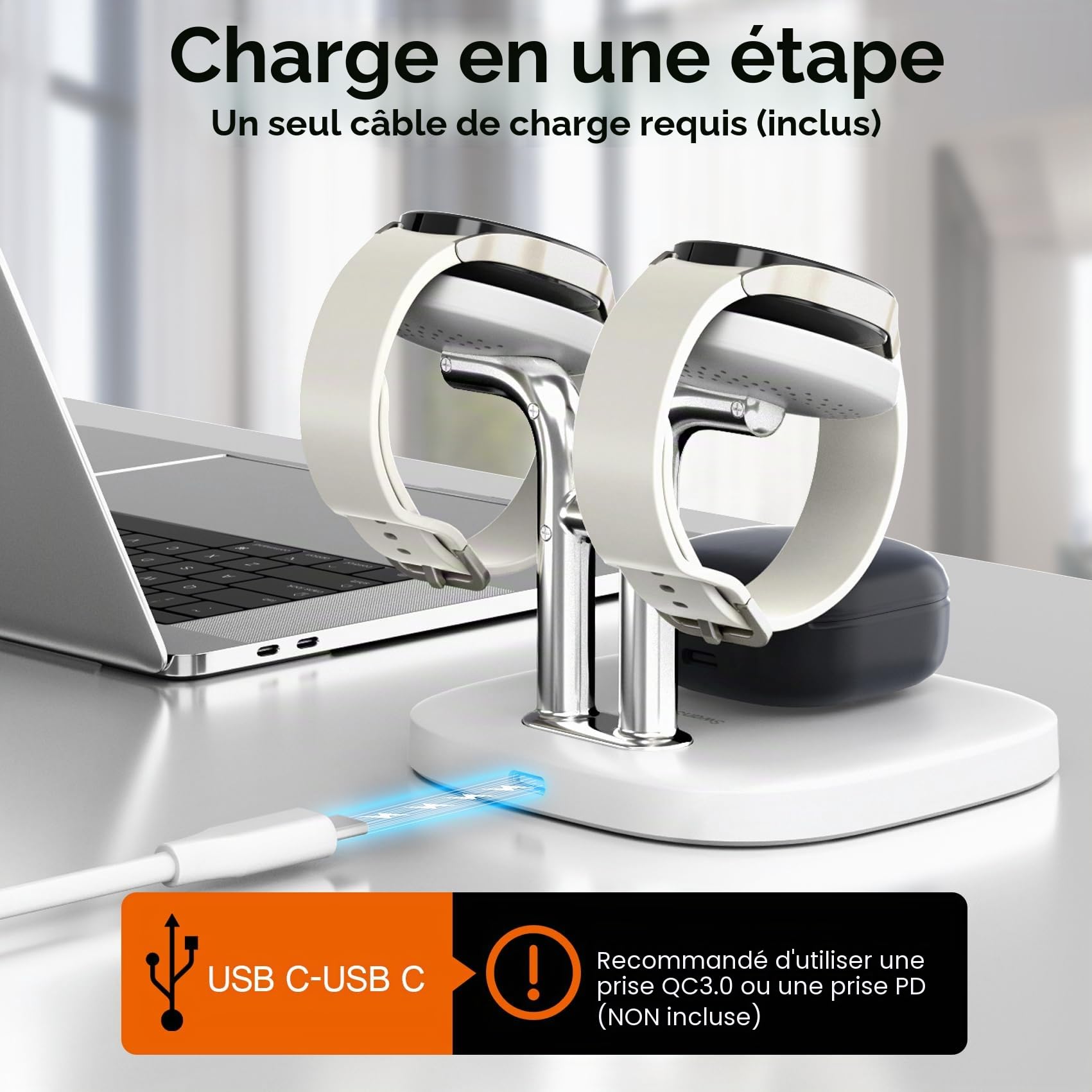 SwanScout Double Chargeur pour Samsung Watch, Chargeur sans Fil pour Samsung Galaxy Watch 8/8 Classic/7/Ultra/6/6 Classic/5 Pro/5/4 Classic/3/Active 2, Galaxy Buds 3 Pro/2 Pro, SwanScout 704S