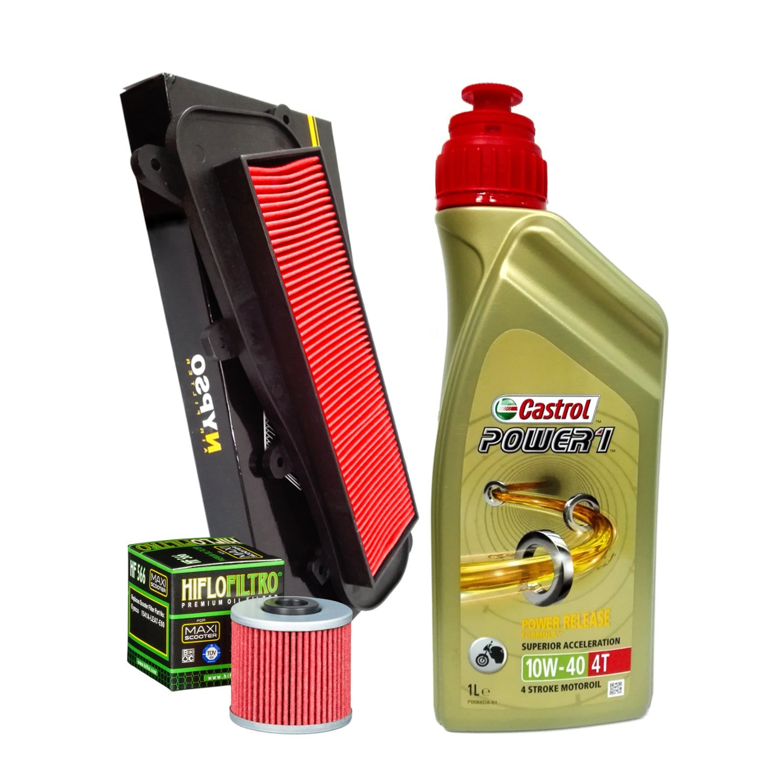 Kit de mantenimiento Motocar para Kymco People GTi 125: 1 litro Castrol Power 1 10W40, filtro de aceite HifloFiltro HF566 y filtro de aire Nypso 100602671