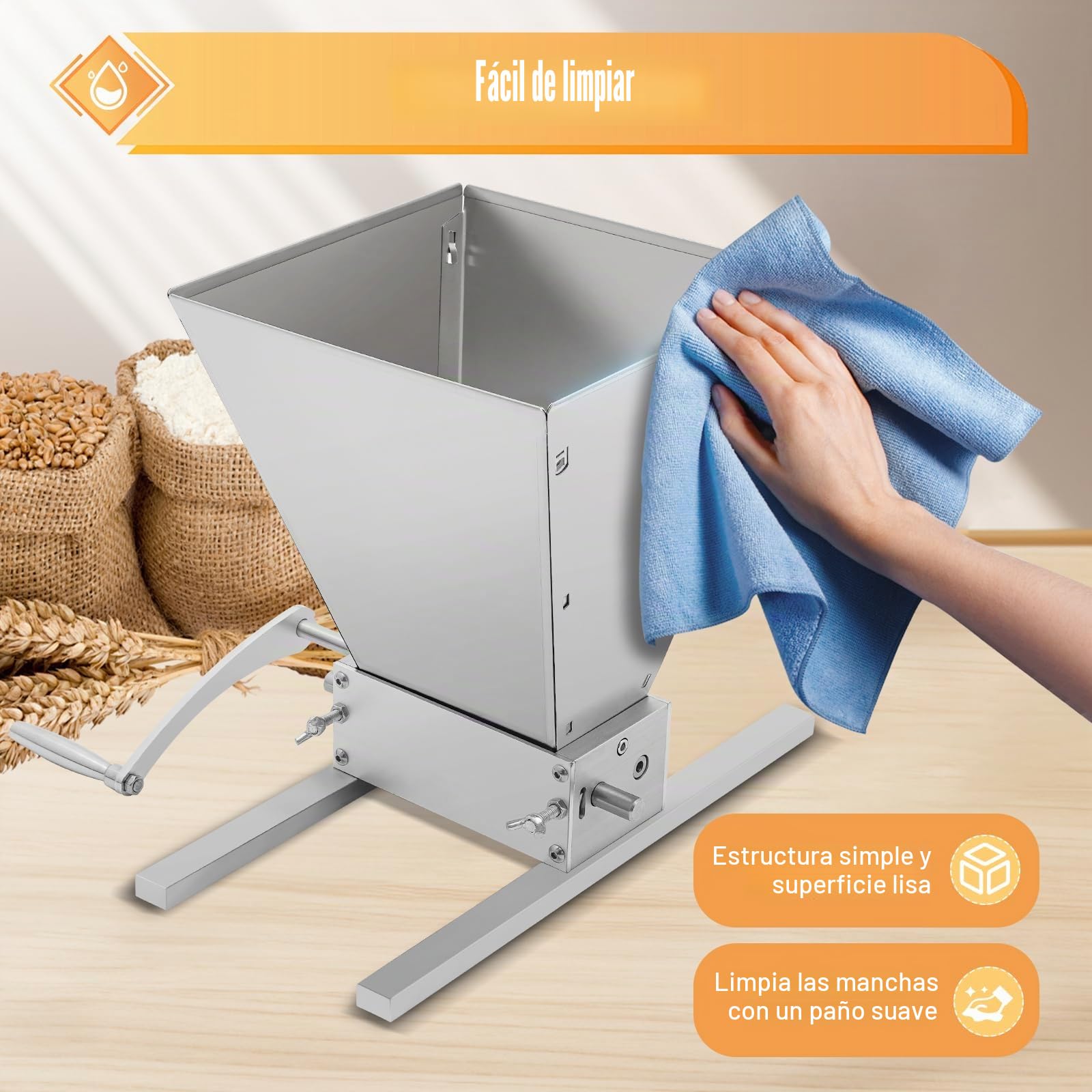 Trituradora de cereales manual 4 l, molinillo de granos, 26 cm, 2 rollos regulables 8 lbs/min, para cebada, trigo y otros granos