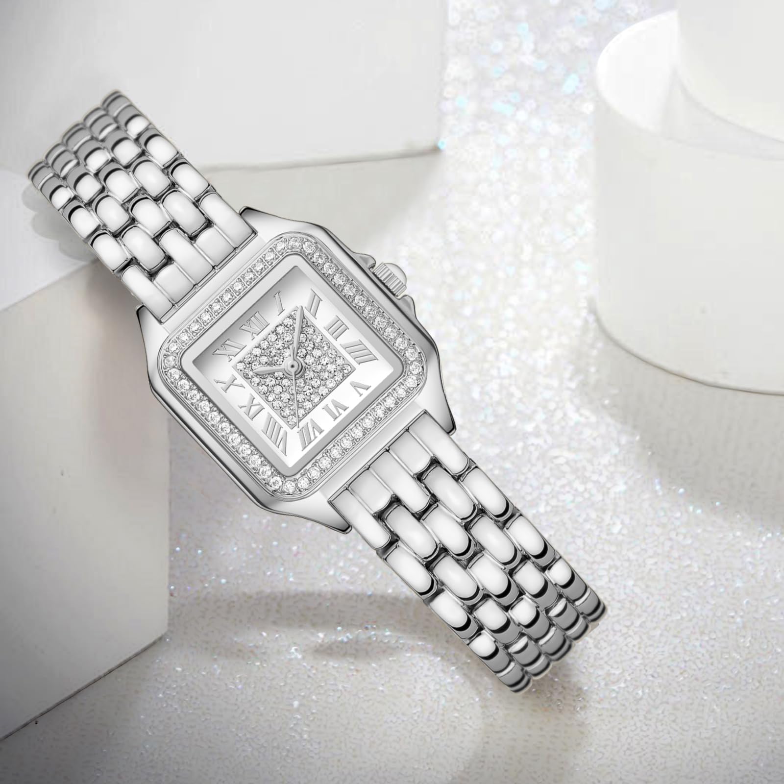 Uhren für Damen mit diamantbesetztem rechteckigem Gehäuse | Römisches Zifferblatt, Edelstahl-Armband, wasserdicht bis 30 m, Armband-Anpassungswerkzeug