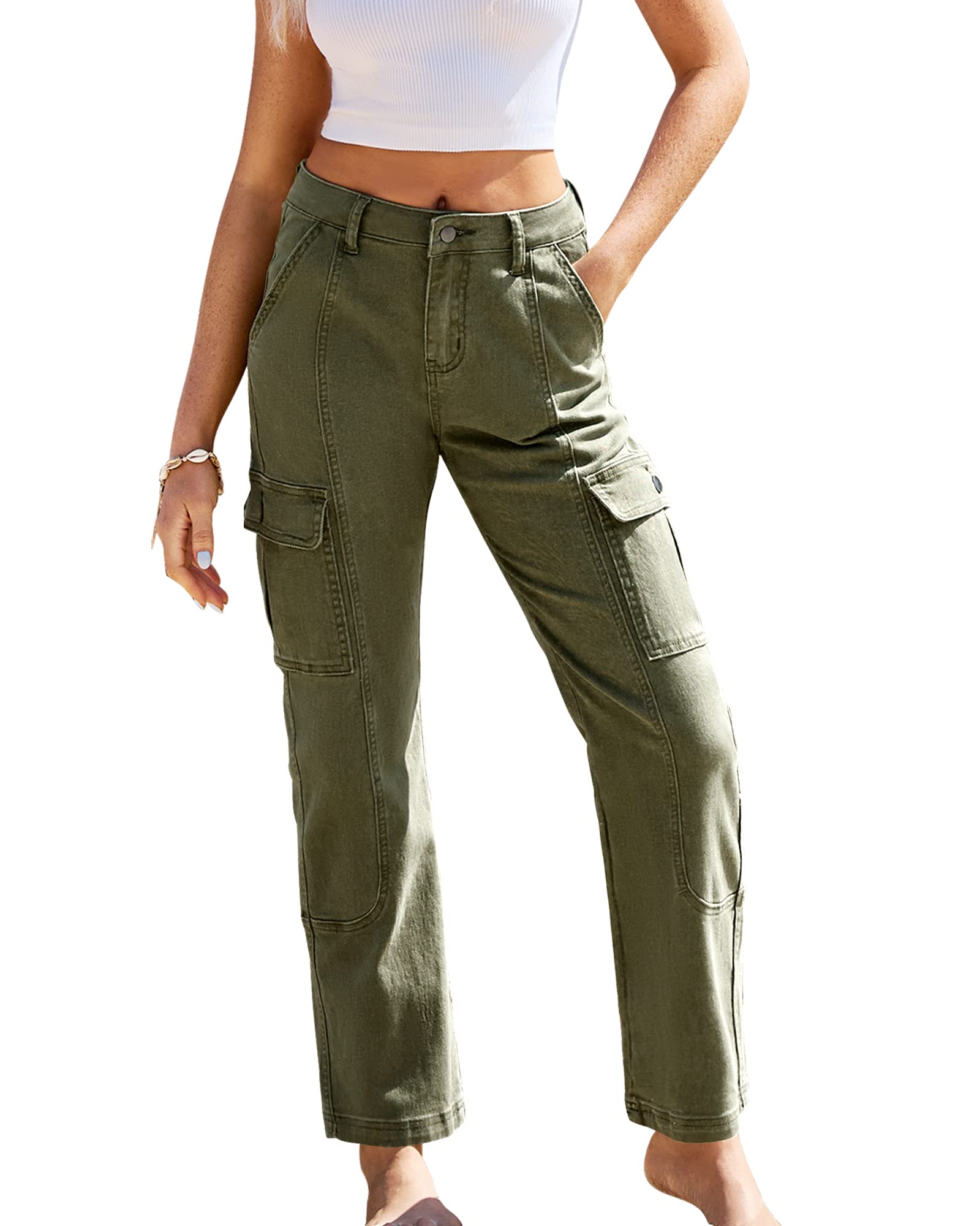 GRAPENTWomens Cargo Pants Casual High Waisted Baggy Stretch Straight Leg Trousers Western Outfit Y2K Pants with Pockets