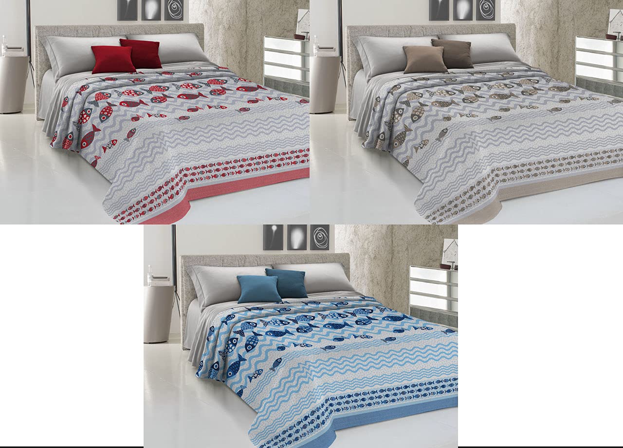 CapitanCasa Copriletto Piquet Leggero Estate 100% Cotone Made Italy Fantasia Pesciolini SV Matrimoniale Blu