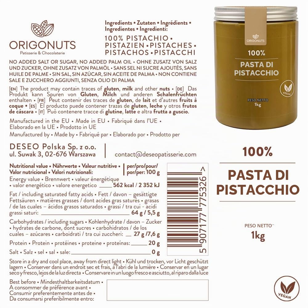 ORIGONUTS – Pasta di pistacchio 100% pistacchi, crema pistacchio artigianale – Base per torte, creme, dessert, gelati – Gusto intenso e consistenza perfetta - Senza coloranti - 1 kg
