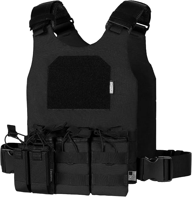 OneTigris Minimalist Tactical Vest, Lightweight Adjustable MOLLE Vest with Triple Magazine Pouch and Double Pistol Mag Pouch(Black)