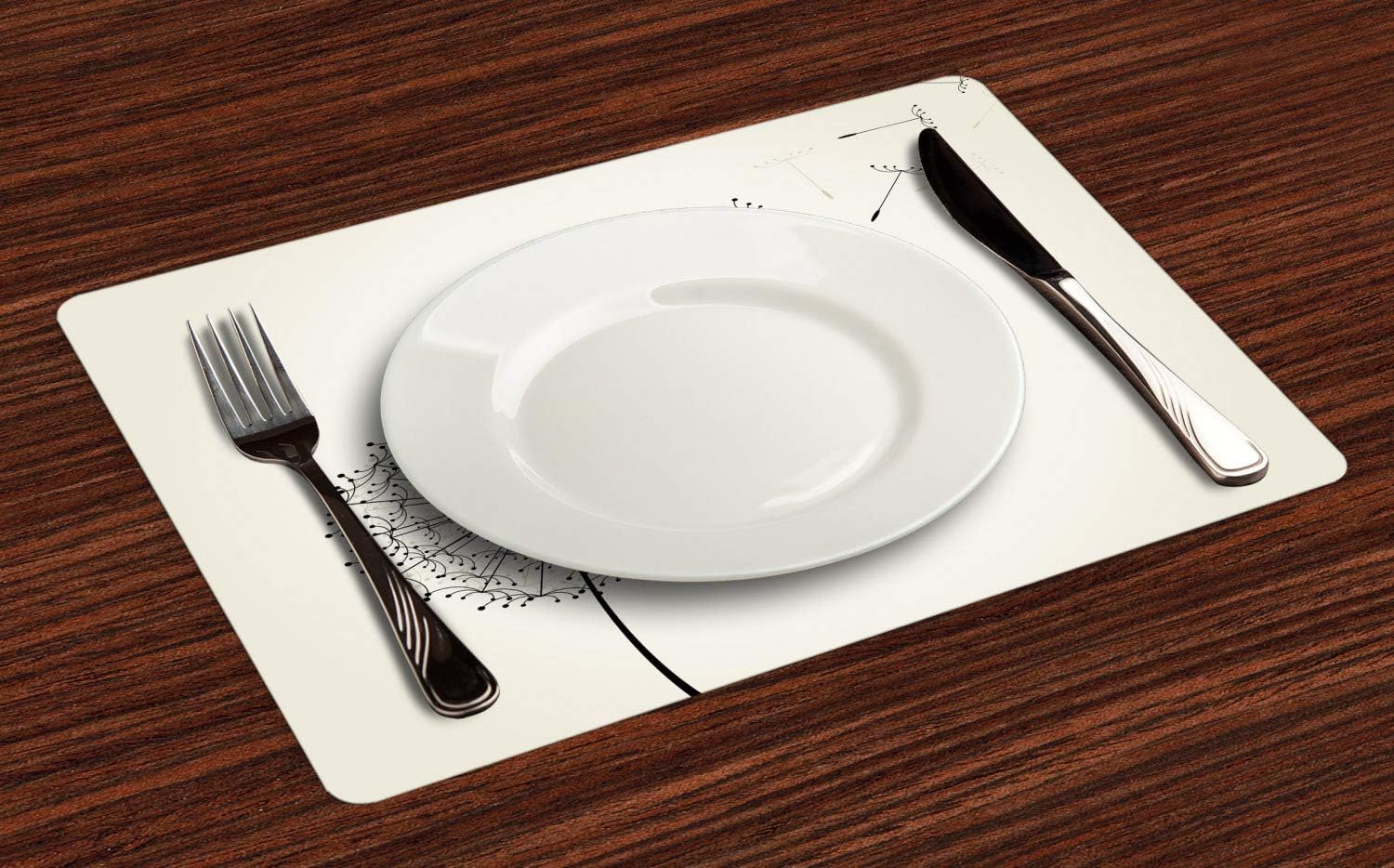 Ambesonne Dandelion Place Mats Set of 4, Flying Flower and Blossom Fragility and Growth Inspired by Nature, Washable Fabric Placemats for Dining Table, Standard Size, Beige Black