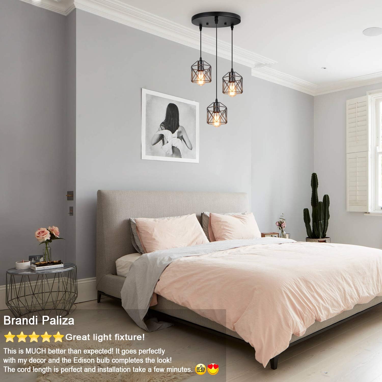 Industrial 3-Light Pendant Lighting, Adjustable Hanging Light Fixtures, Vintage Farmhouse Pendant Light with Metal Caged E26 Base for Kitchen Island Dining Room Living Room Hotel Shop and Bar, Black - - 