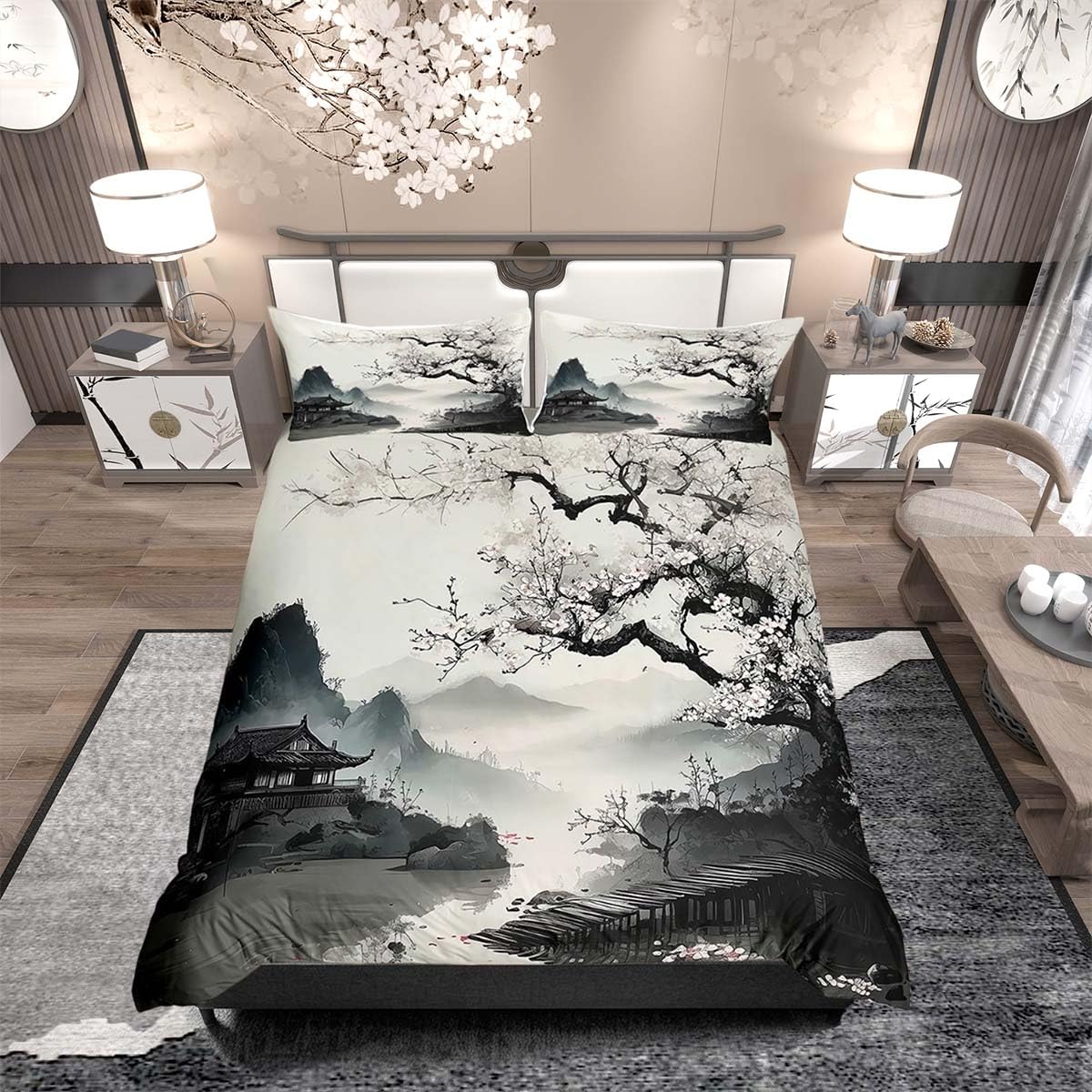 Homemissing Japanese-Style Duvet Cover Set Double Size for Kids Boys Girls Cherry Blossoms Bedding Set Japanese Ukiyoe Duvet Cover with 2 Pillowcases Hokusai Pattern Bedding