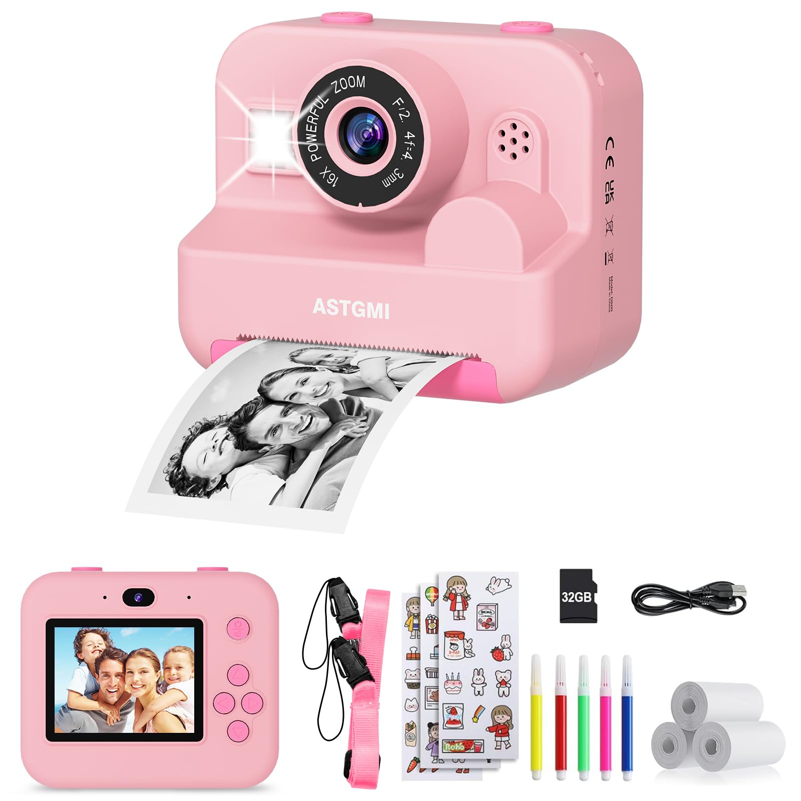 ASTGMI Appareil Photo Instantané, 2.4" Écran Appareil Photo Enfant avec Papier d'impression et Carte 32GB, Mode Selfie et Video, Cadeau Jouet pour Enfant Garçons Filles de 3-14 Ans(Rose)