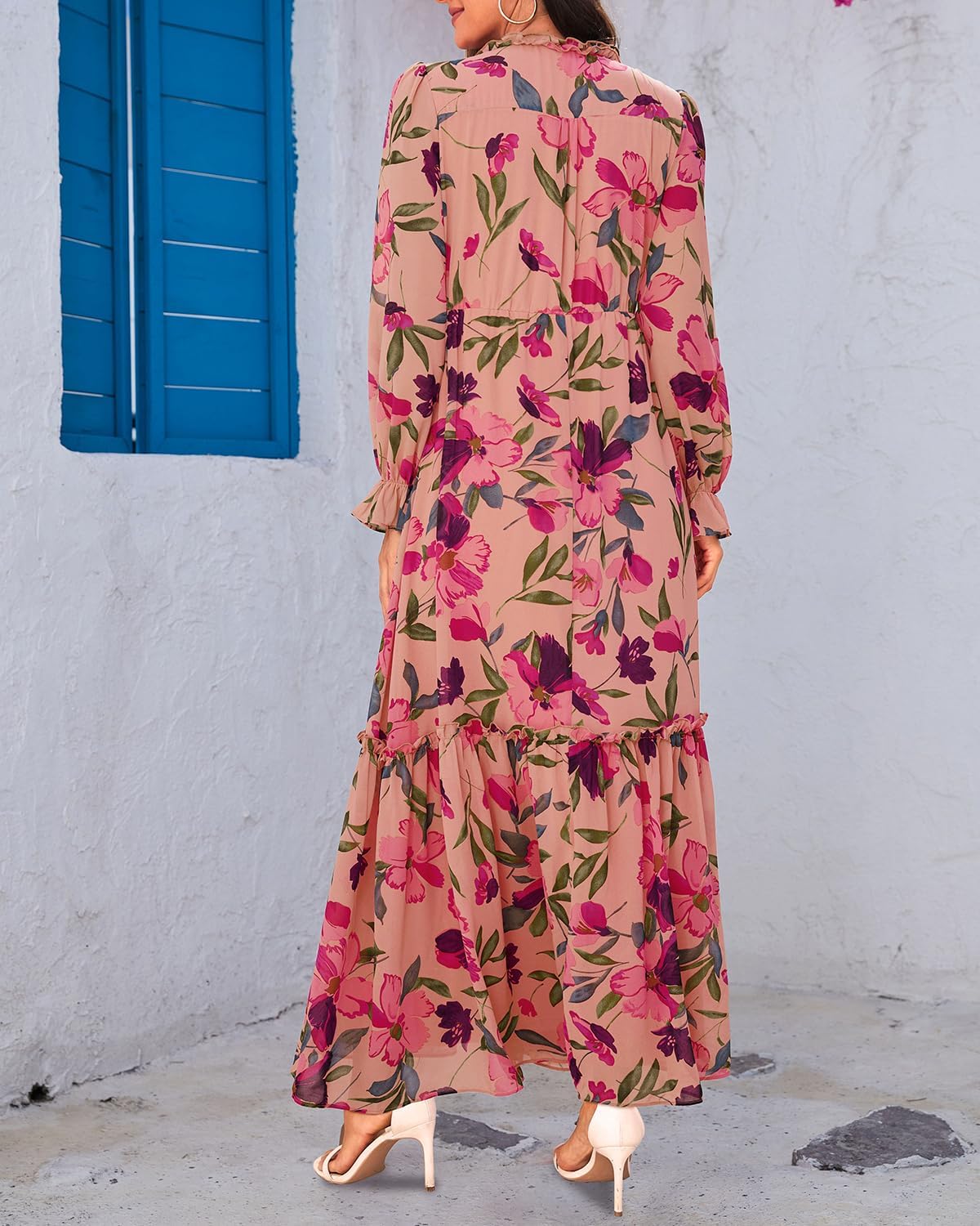 Women Fall Dress Long Sleeve - Chiffon Casual Maxi Long Flowy Boho V Neck Dresses - Image 2