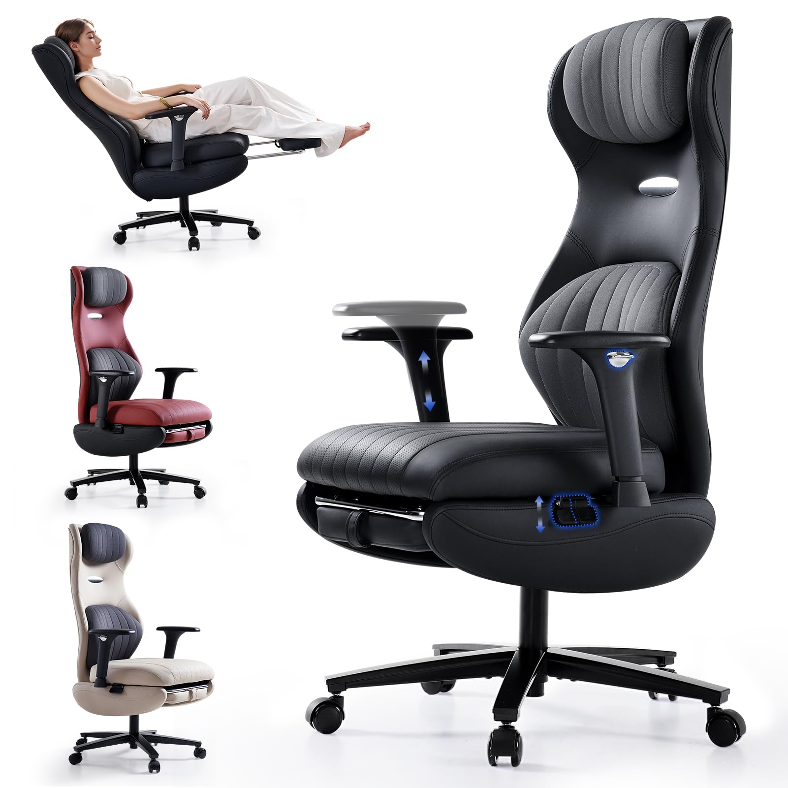 EMIAH Ergonomic Office Chair, Reclining Desk Chair with Footrest, Adjustable Armrests, High Back Game Chair, Executive Computer Chair with Lumbar Support, PU Leather (Black)