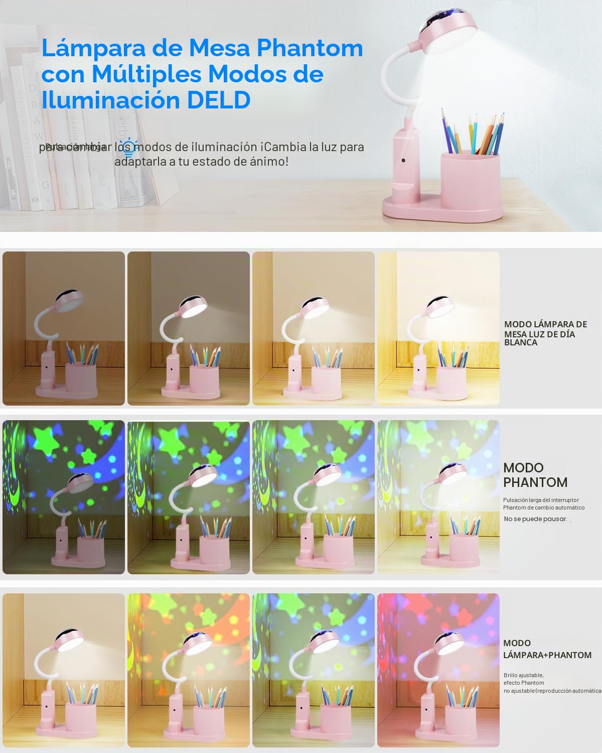 TechKen Lámpara de Escritorio para Niños, Lámpara de Noche LED Regulable Flexo LED para Lectura con Portalápices Lámpara de Mesa de Estudio Cuello de Cisne con Ces Proyección de Estrella | Regulable Niveles de brillo, lámpara recargable de cuello de cisne