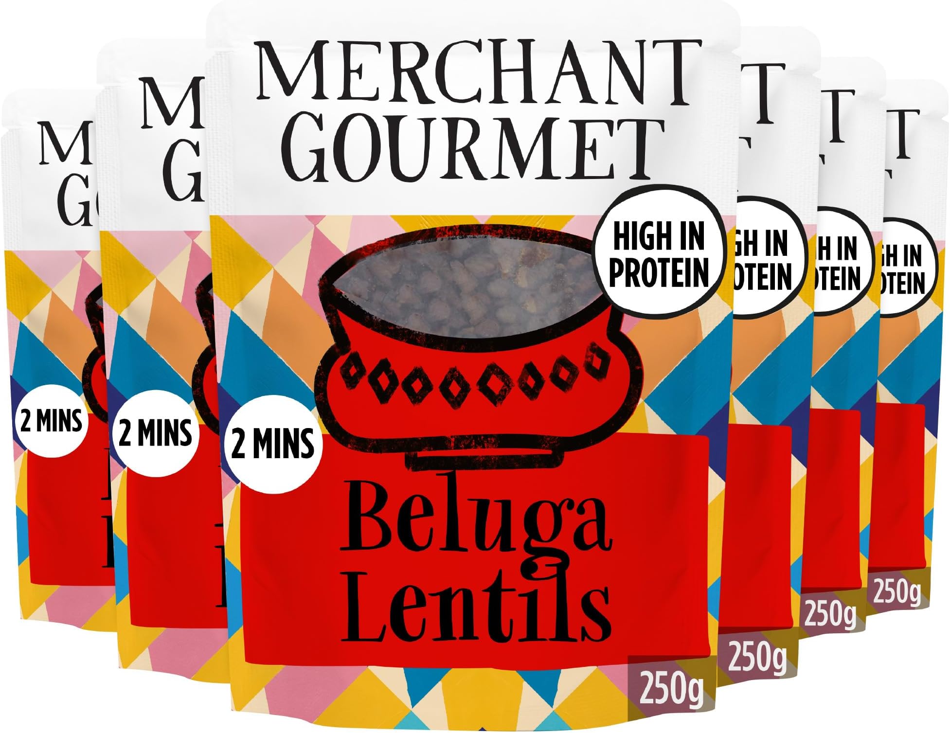 Simply Cooked Beluga Lentils - High in Protein, Low Fat, Source of Fibre & Vegan Black Lentils - Pack of 6 x 250g Ready-to-eat Pouches