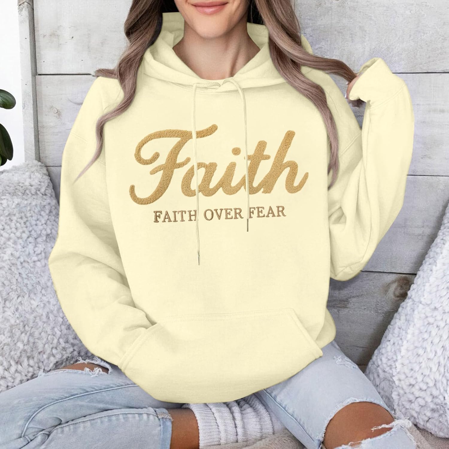 KIDDAD Faith Over Fear Hoodie Christian Sweatshirts Women Embroidered Religious Sayings Sweater Bible Pullover Tops - Image 2