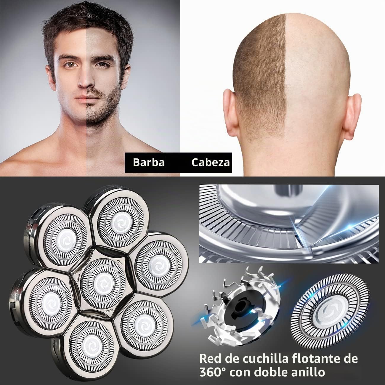 Cabezal de Maquinilla de Afeitar Eléctrica 7D,Cuchillas de Afeitar Eléctricas, Afeitadora Rotativa de Repuesto para Hombres Calvos para Afeitadora Eléctrica de 5 6 7 Cabezales （Plata）